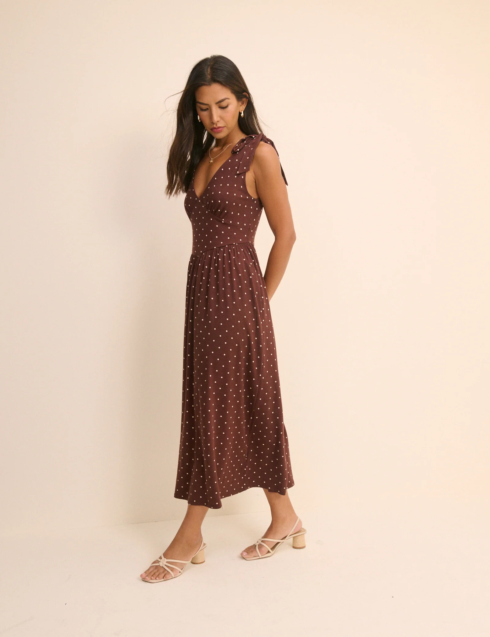 Brown Polka Dot Jersey Addison Midi Dress - Image 3