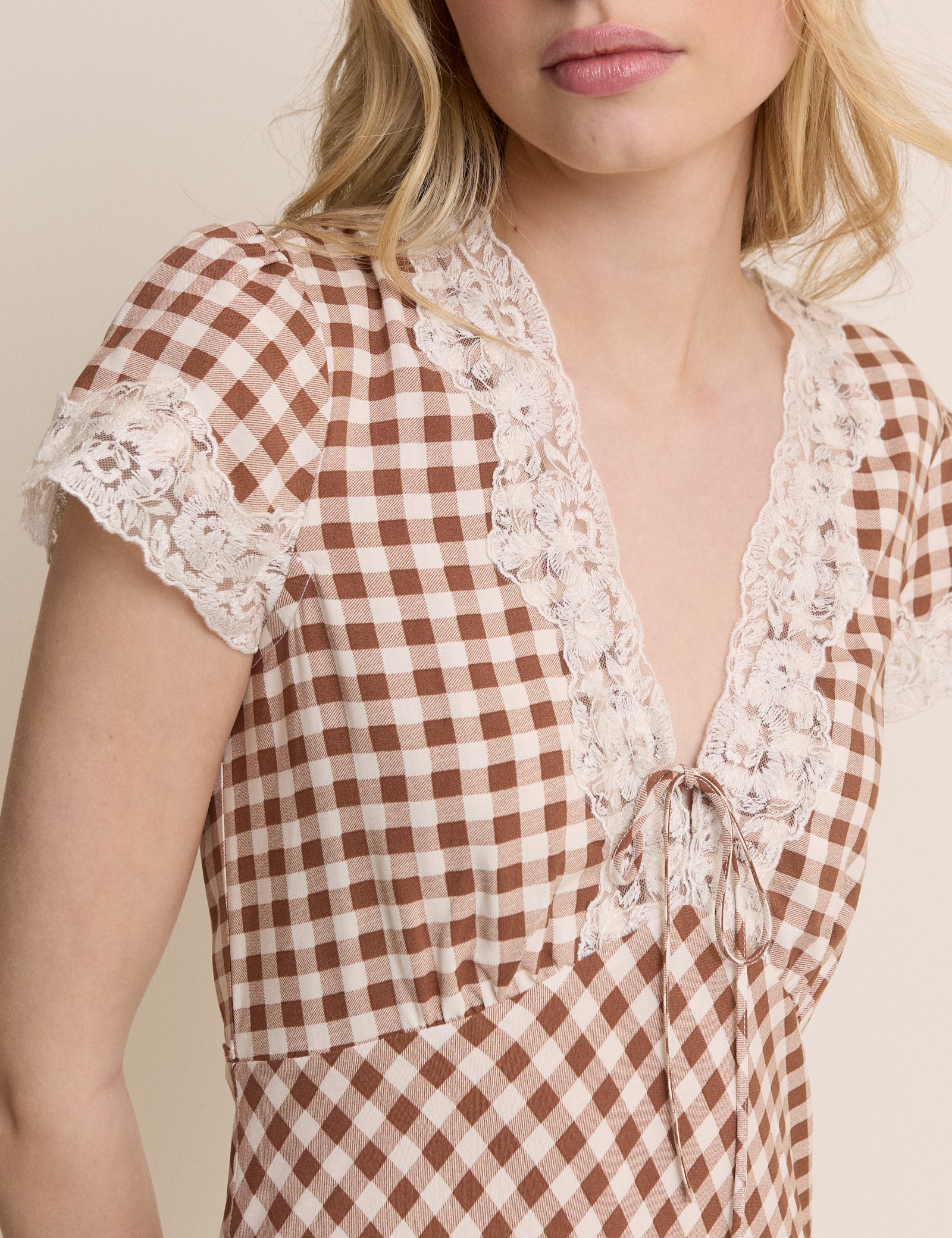 Brown Gingham Lace Trim Aida Midi Dress - Image 2