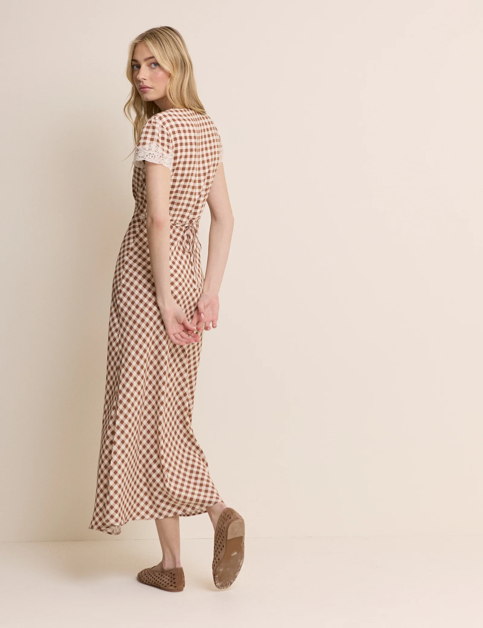Brown Gingham Lace Trim Aida Midi Dress - Image 4