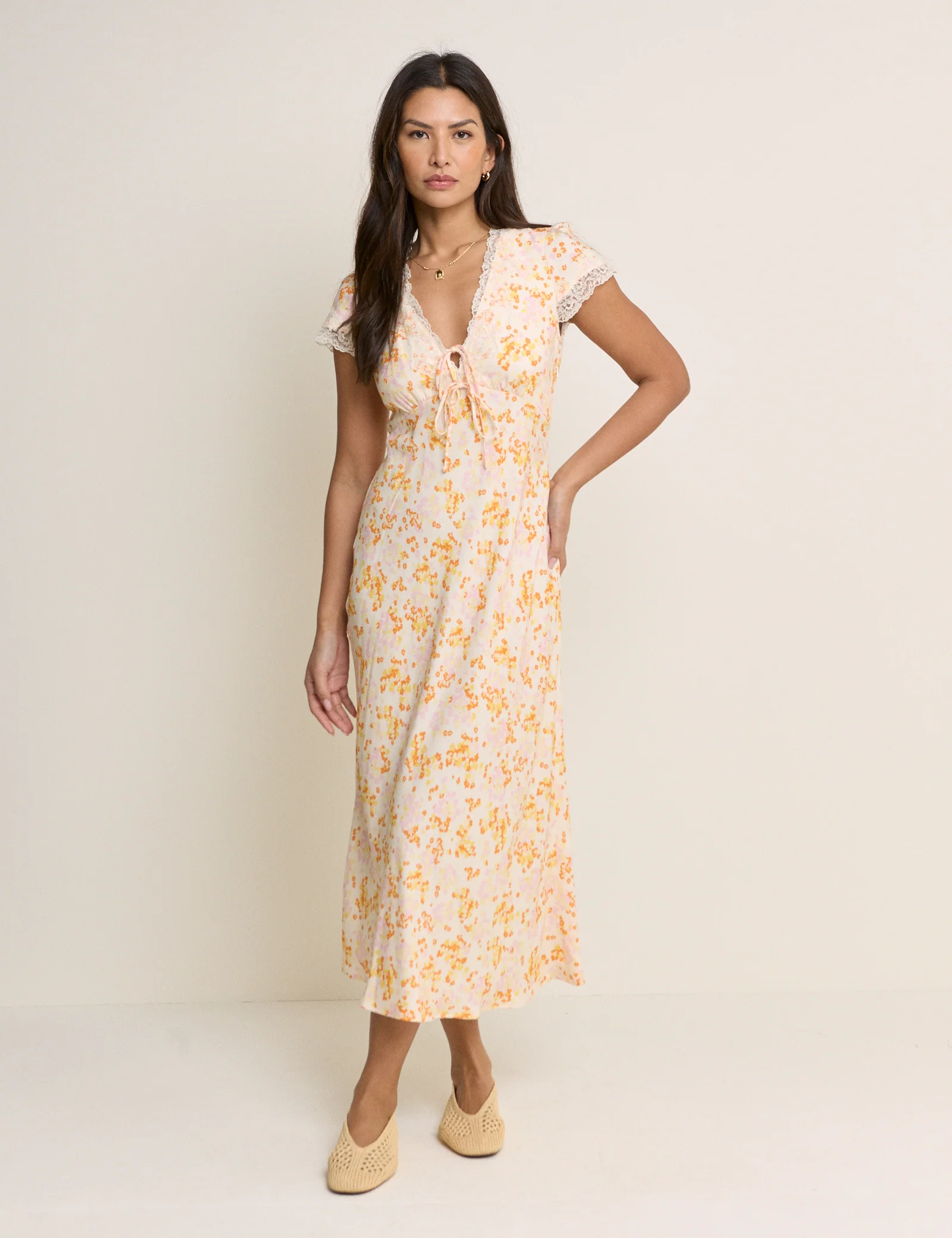 Orange Floral Lace Trim Aida Midi Dress