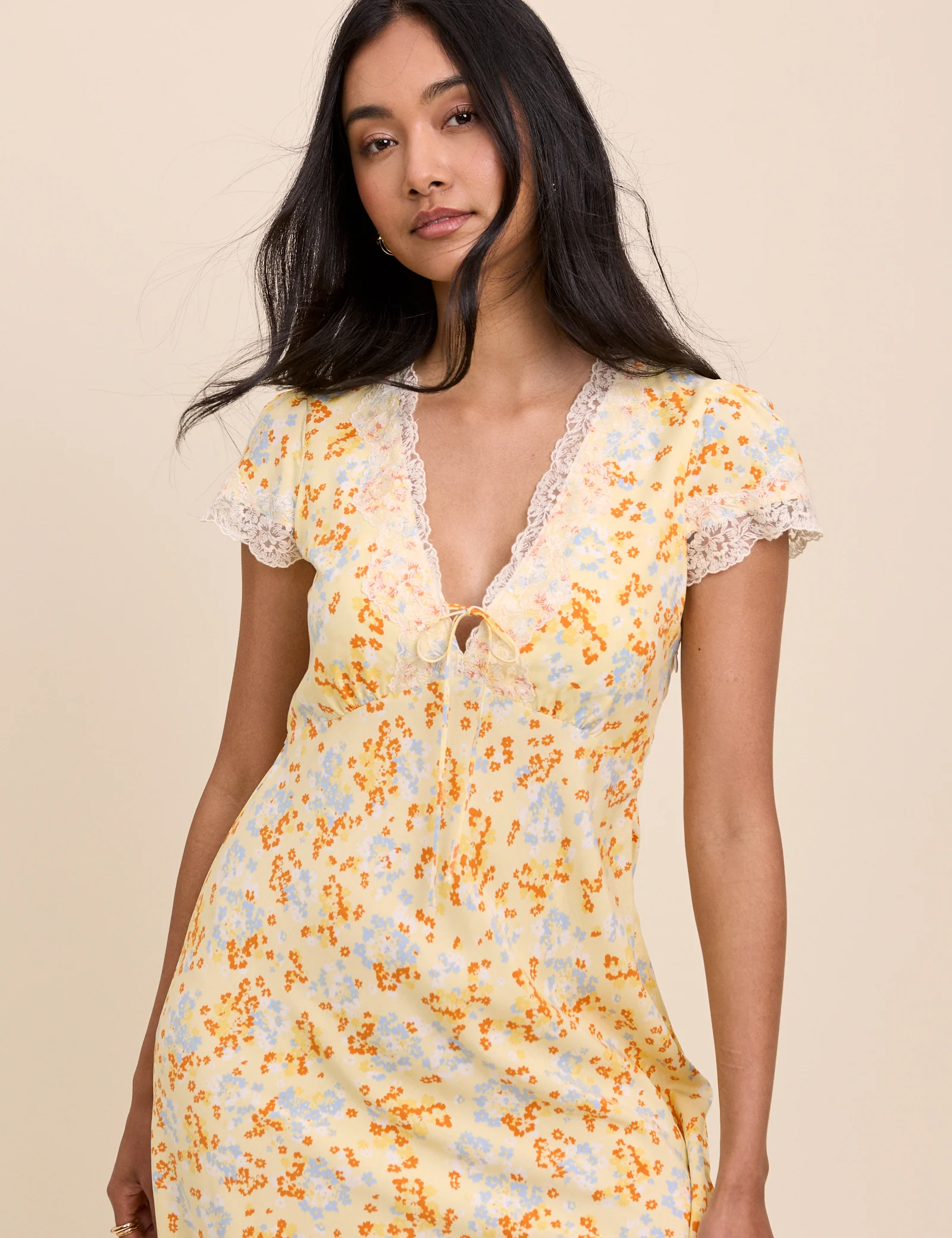 Yellow Floral Lace Trim Aida Mini Dress - Image 2
