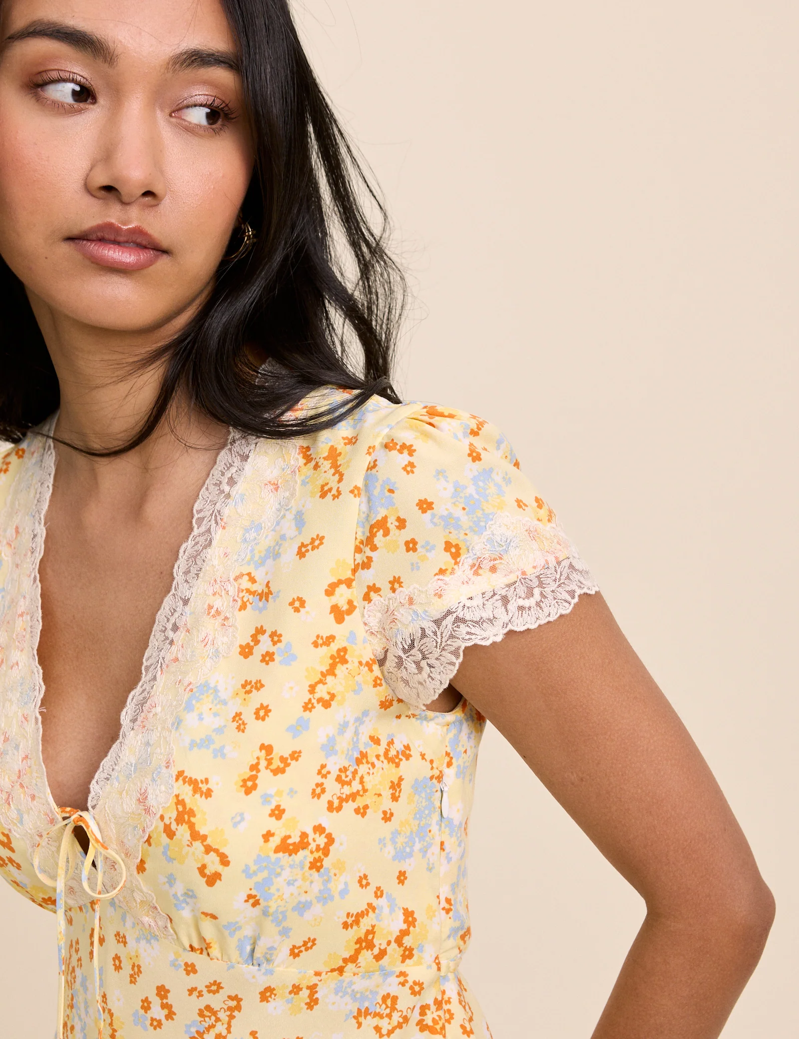 Yellow Floral Lace Trim Aida Mini Dress - Image 3