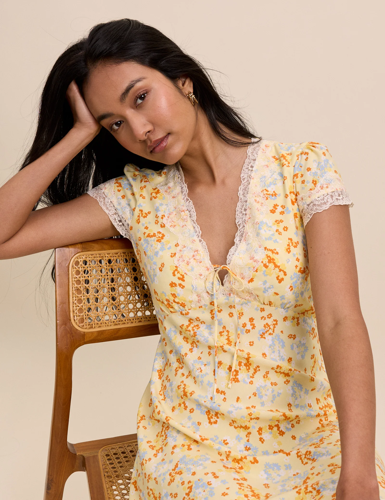 Yellow Floral Lace Trim Aida Mini Dress - Image 4