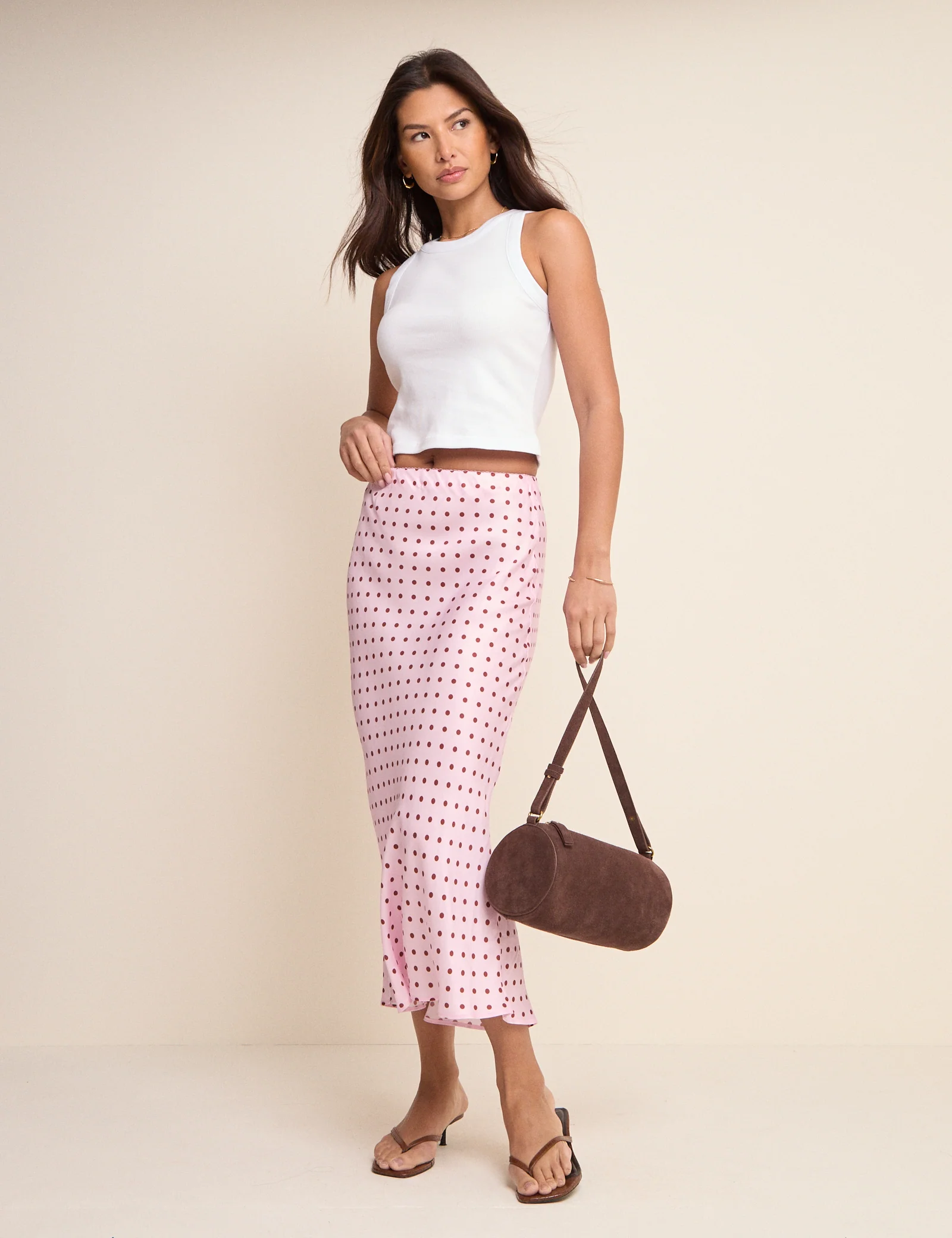 Pink and Brown Polka Dot Satin Midi Skirt