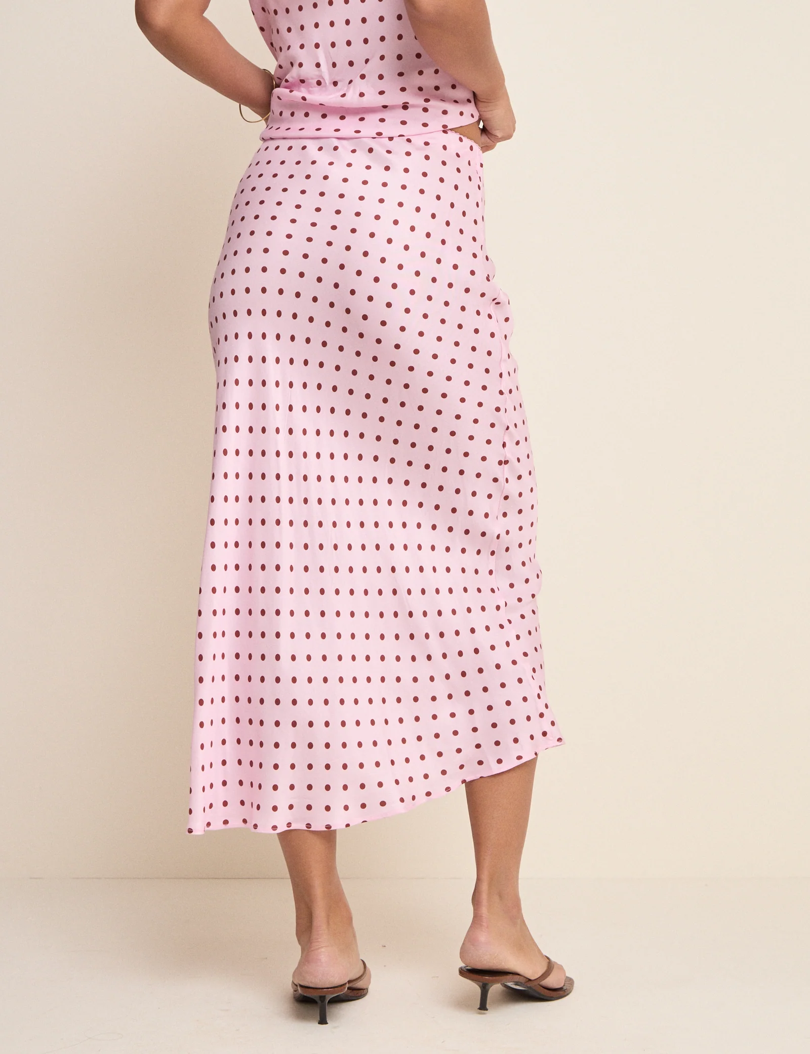 Pink and Brown Polka Dot Satin Midi Skirt - Image 5