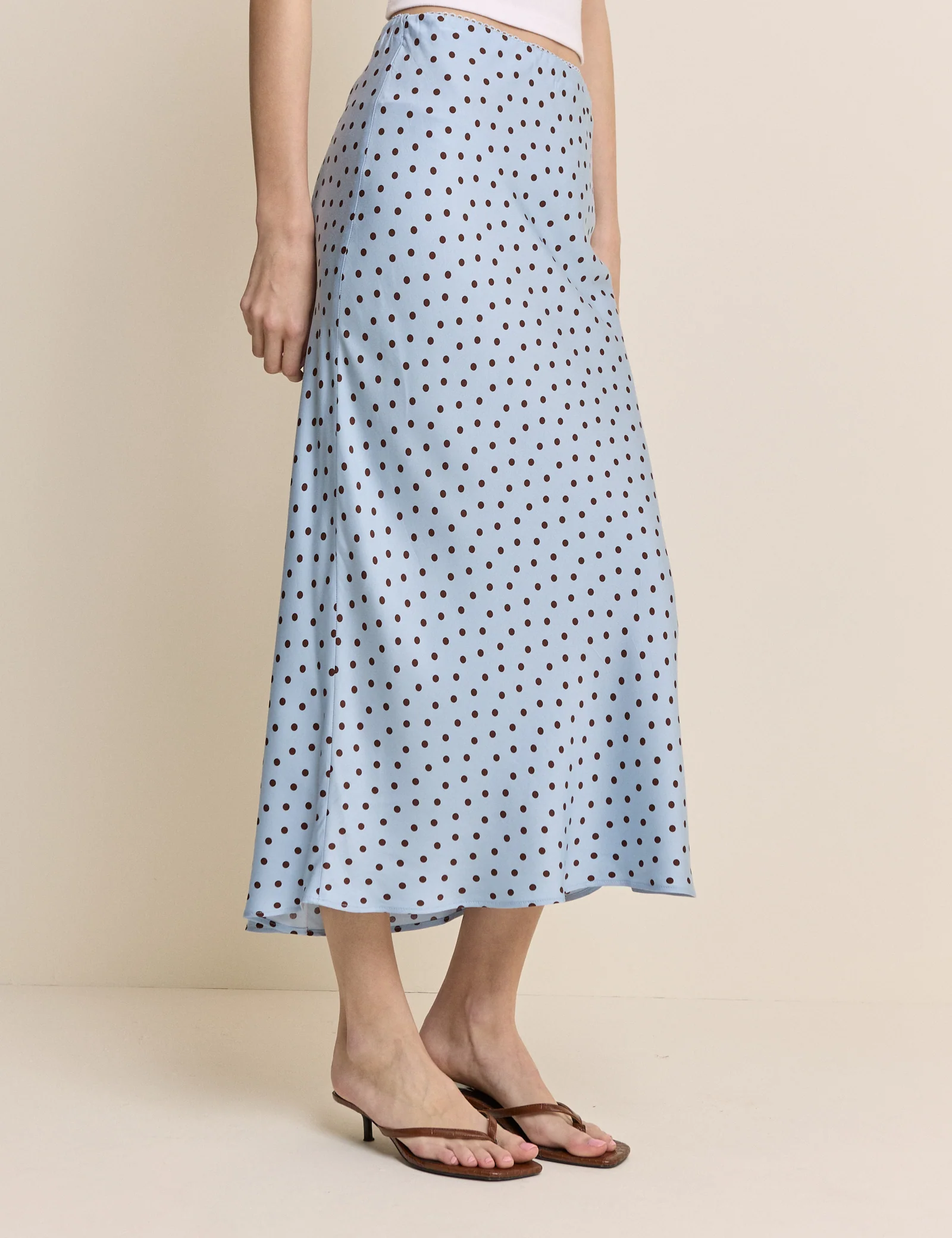 Blue and Brown Polka Dot Satin Midi Skirt - Image 2