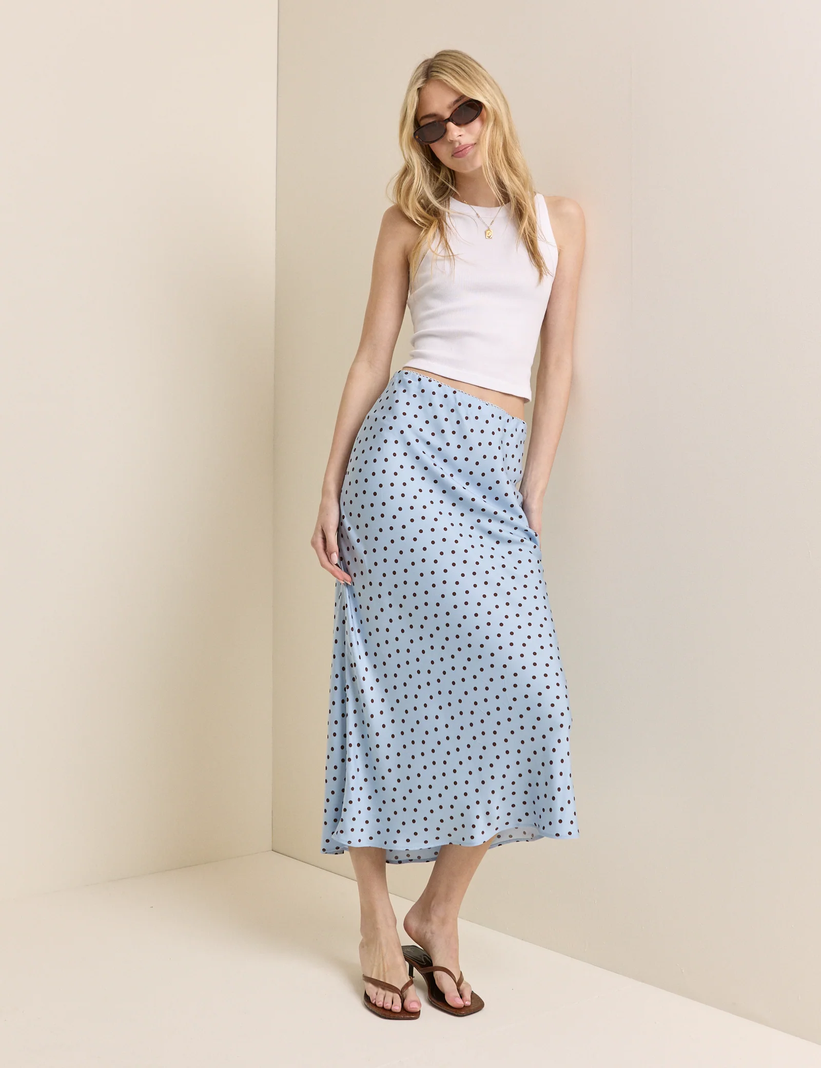 Blue and Brown Polka Dot Satin Midi Skirt - Image 3