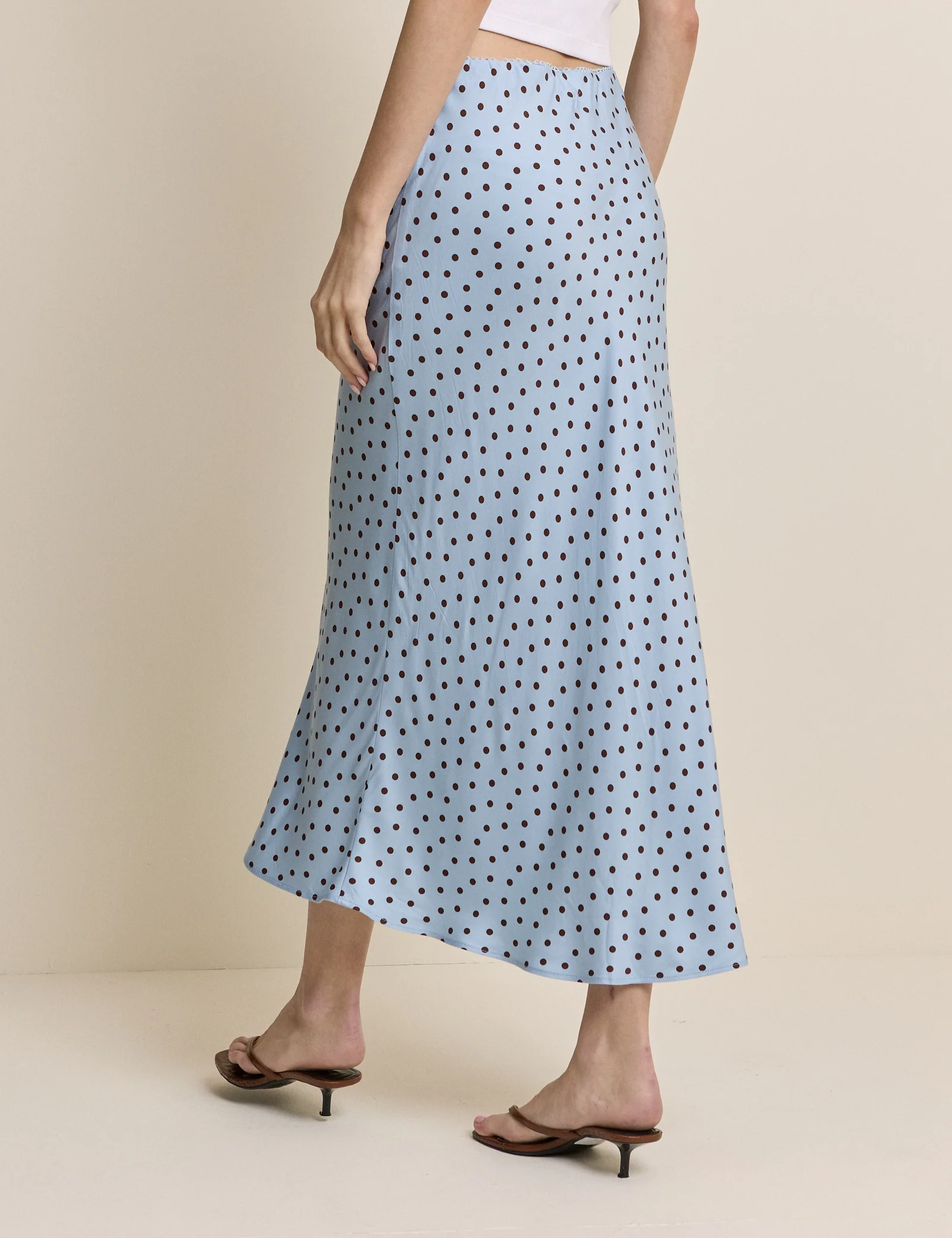 Blue and Brown Polka Dot Satin Midi Skirt - Image 5
