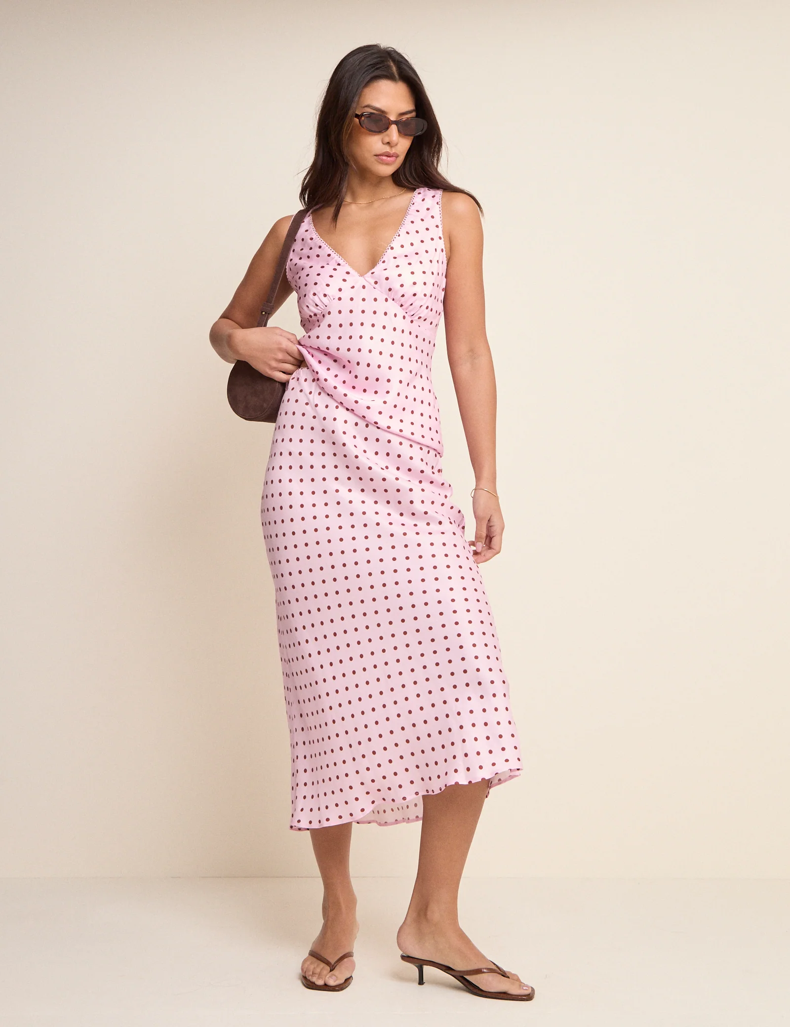 Pink and Brown Polka Dot Lace Trim V-Neck Top - Image 4