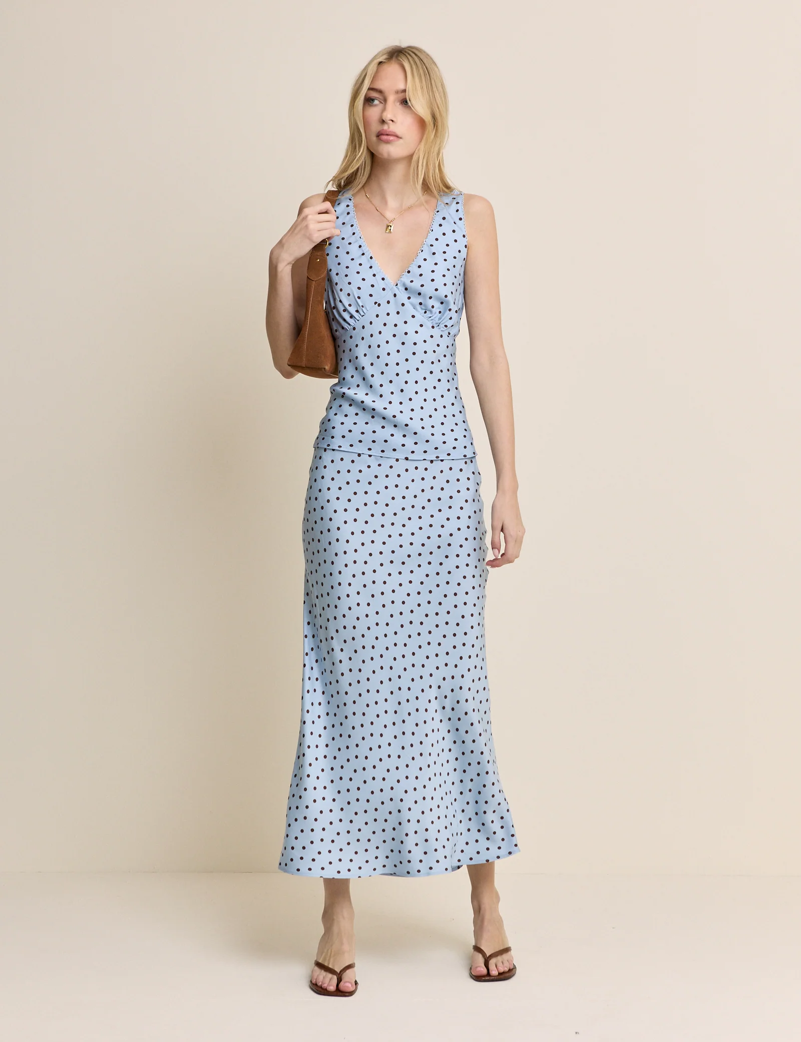 Blue Polka Dot Lace Trim V-Neck Top - Image 2