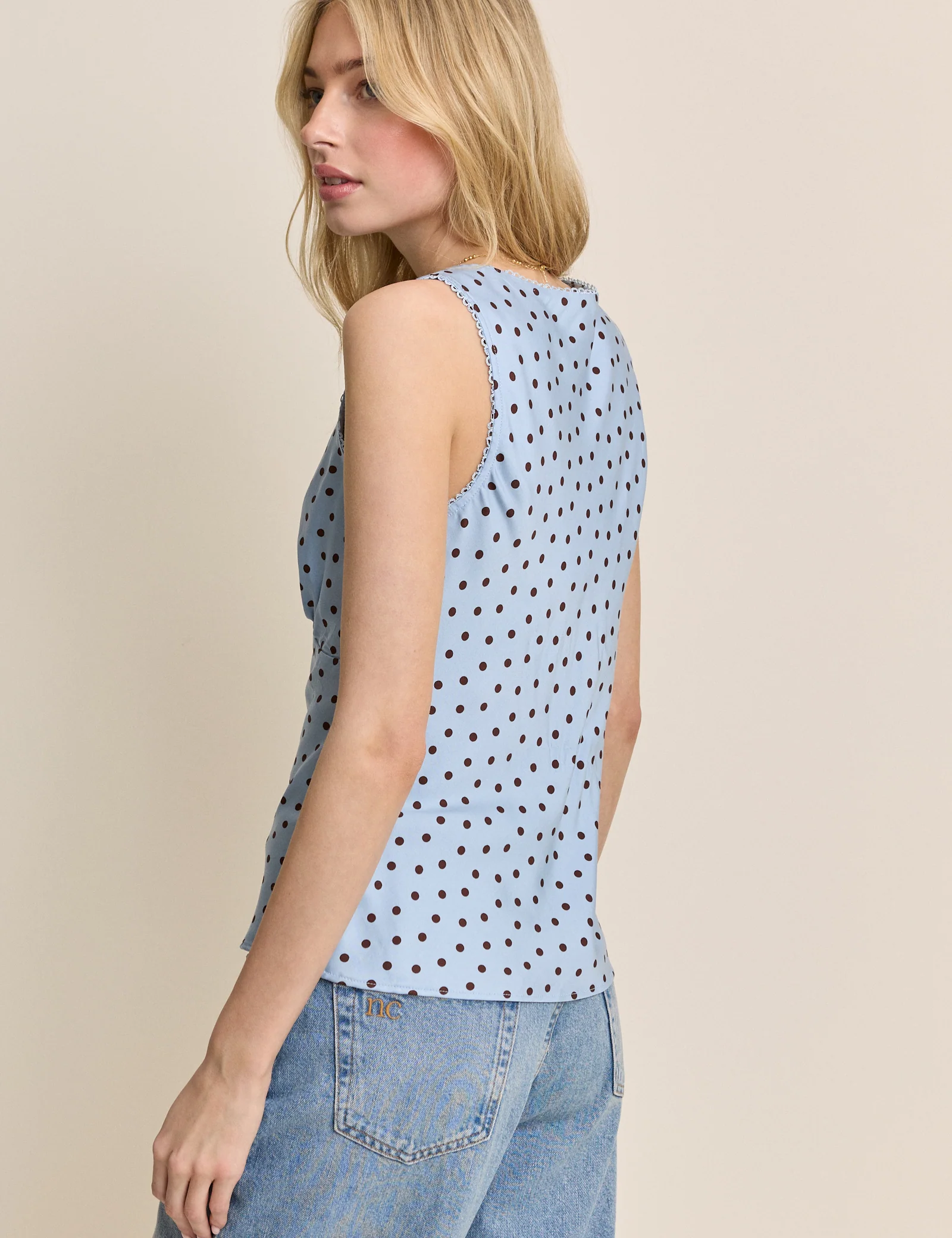 Blue Polka Dot Lace Trim V-Neck Top - Image 5