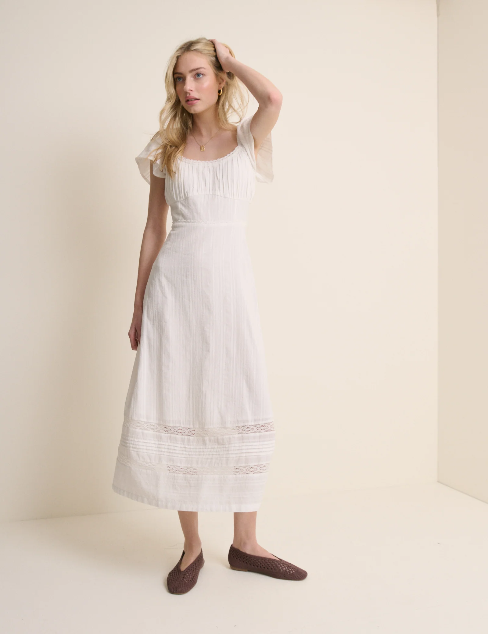 White Pintuck Scoop Neck Alex Midi Dress - Image 4