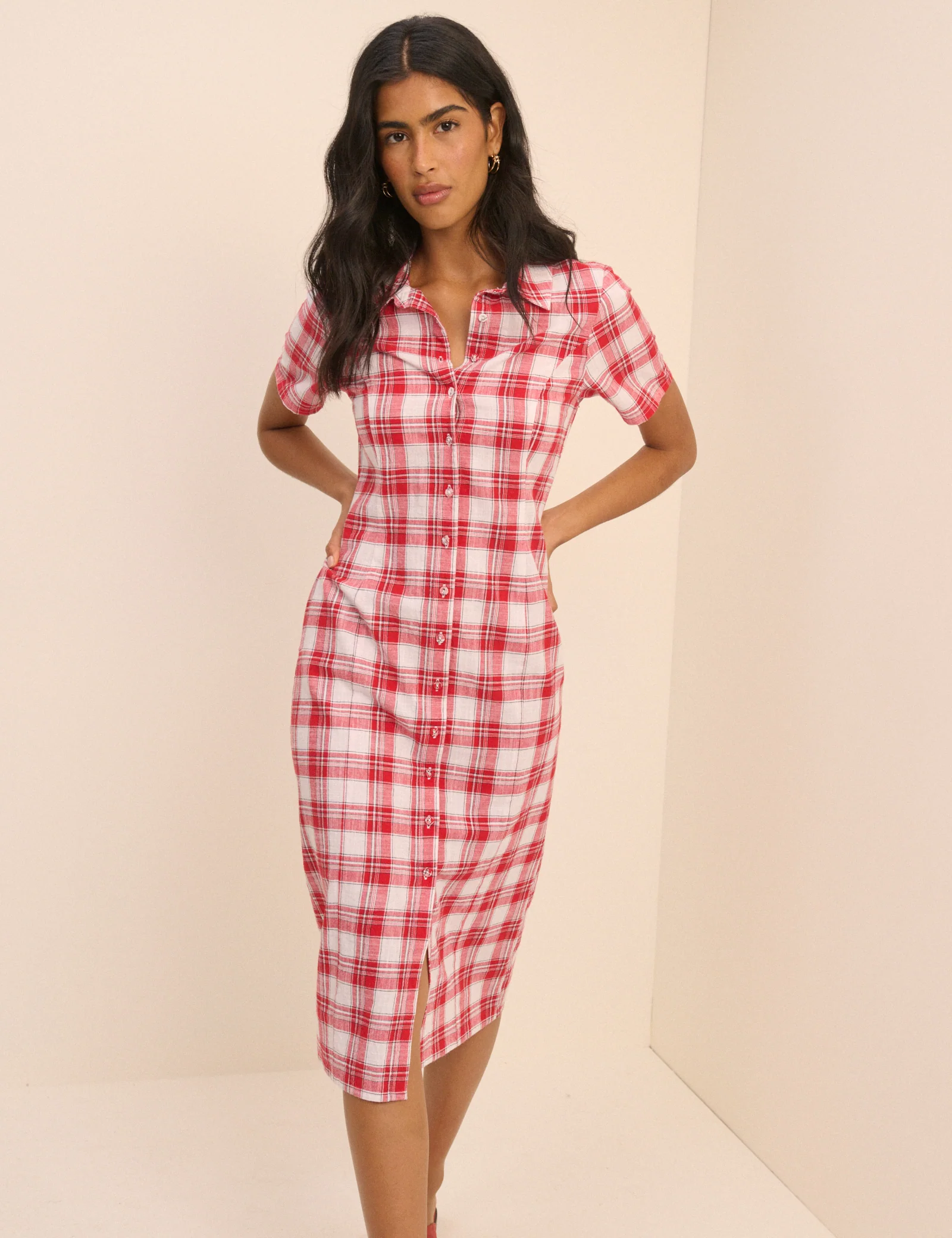 Red Checked Collared Alexandria Midi Shirt Dress - Image 3