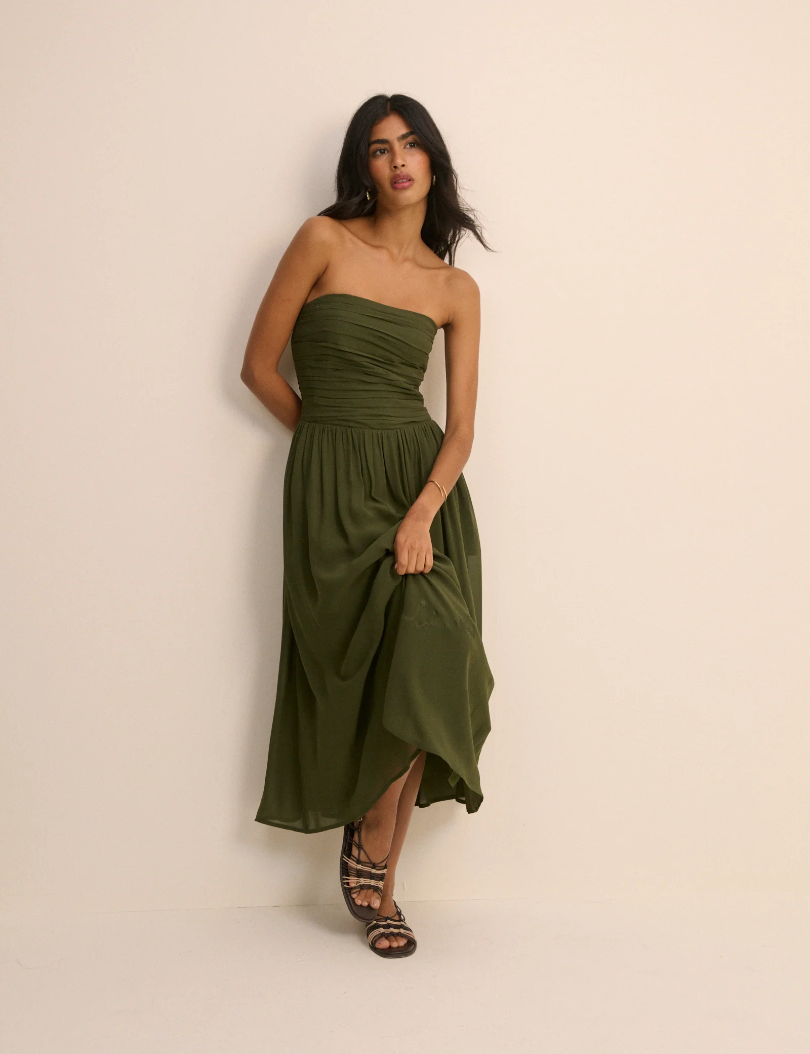 Khaki Green Bandeau Alice Midi Dress - Image 3