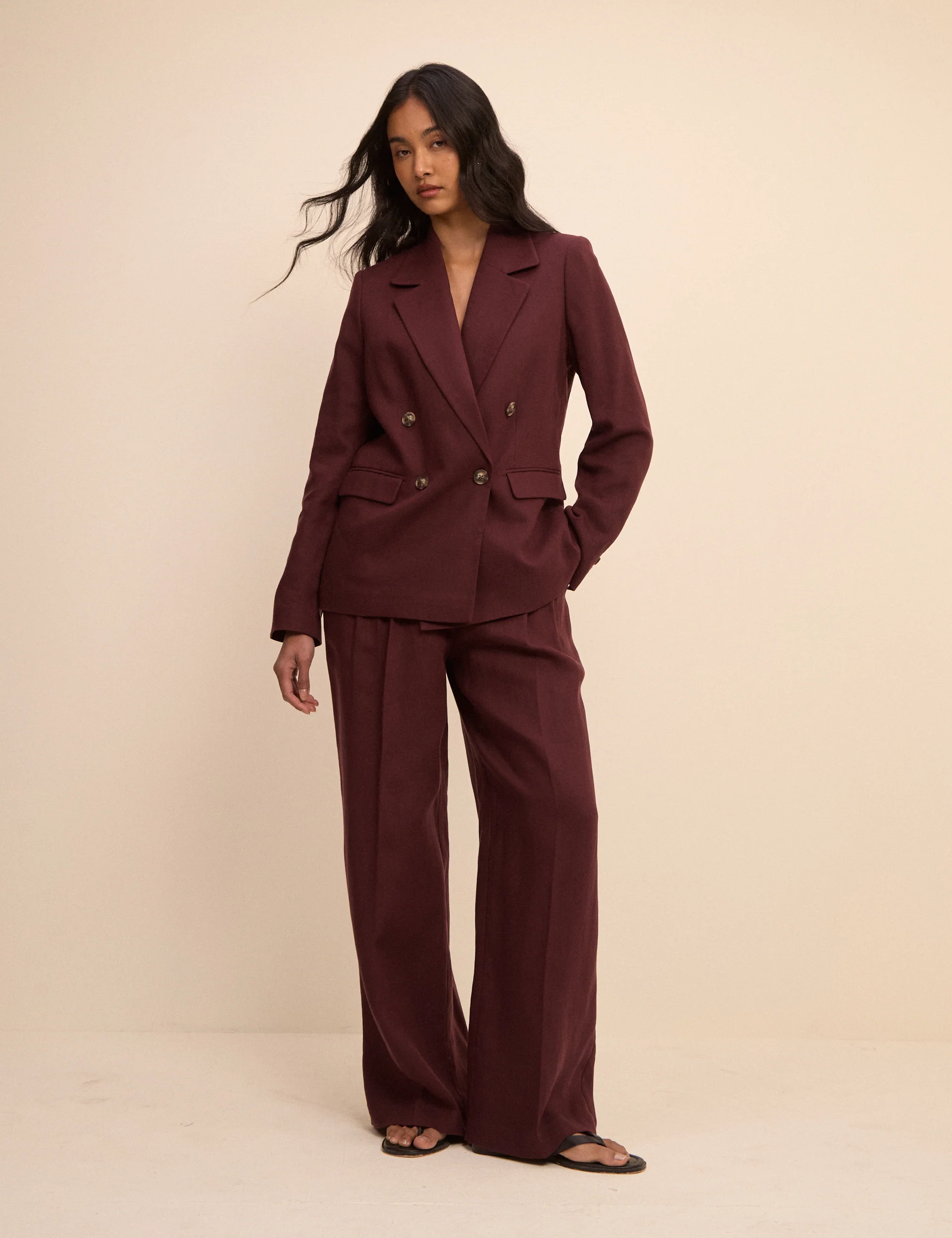 Burgundy Double Breasted Linen-Blend Alicia Blazer - Image 2