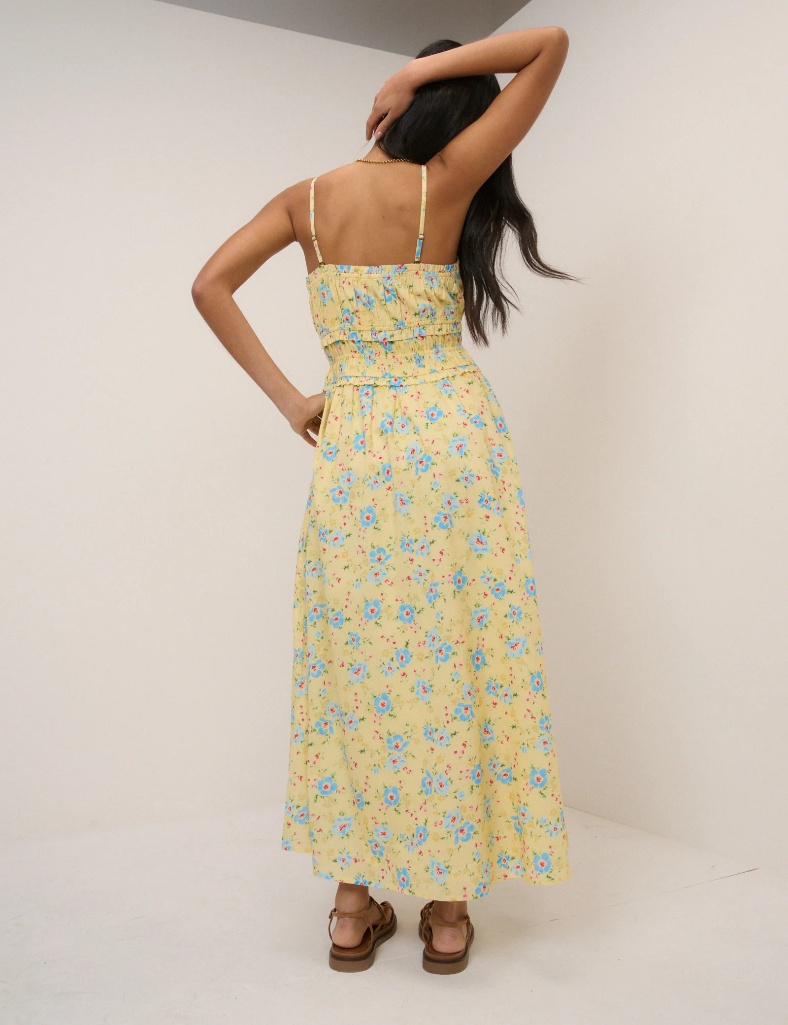 Butter Yellow Floral Shirred Waist Alina Midi Dress - Image 4