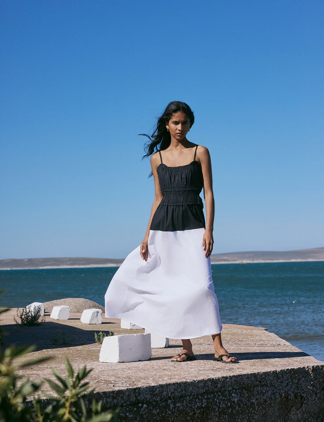 Black And White Shirred Waist Alina Midi Dress