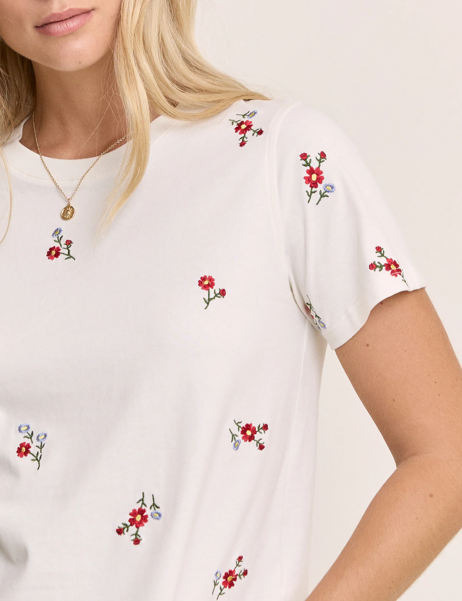 White Floral Embroidered T-Shirt - Image 2