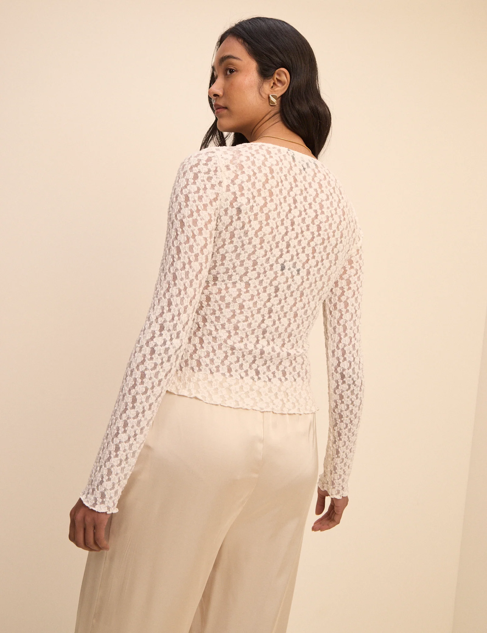 Cream Lace Scoop Neck Cardigan - Image 3