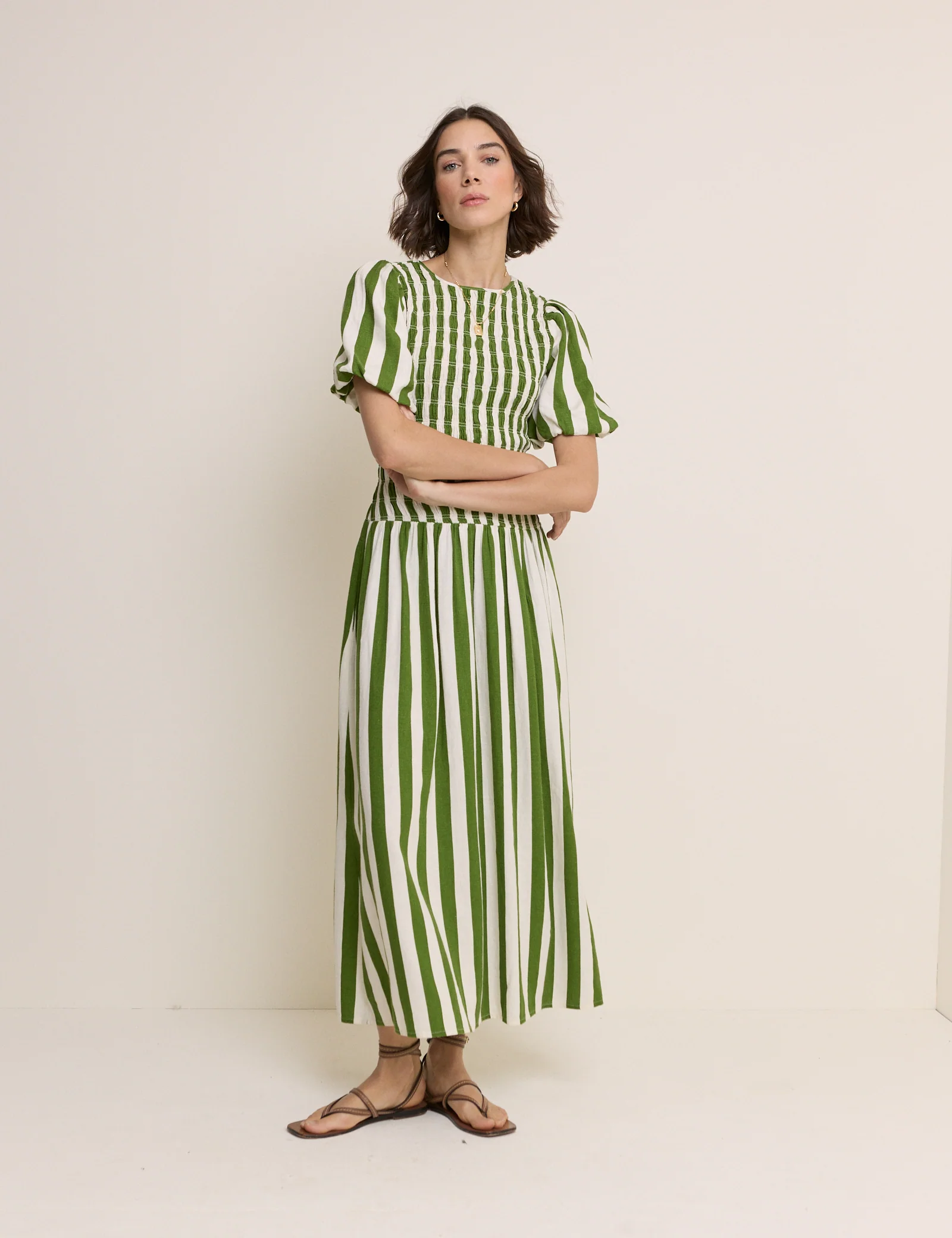 Green Striped Shirred Drop Waist Amanda Midi Dress