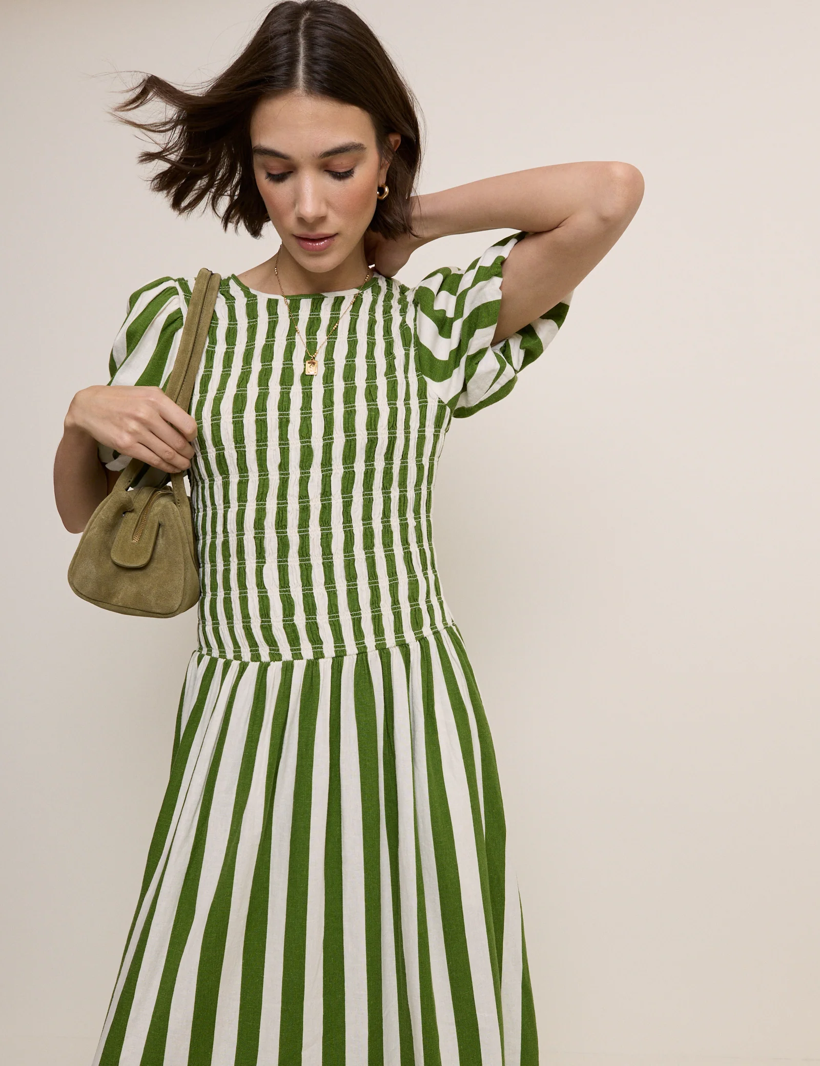 Green Striped Shirred Drop Waist Amanda Midi Dress - Image 2