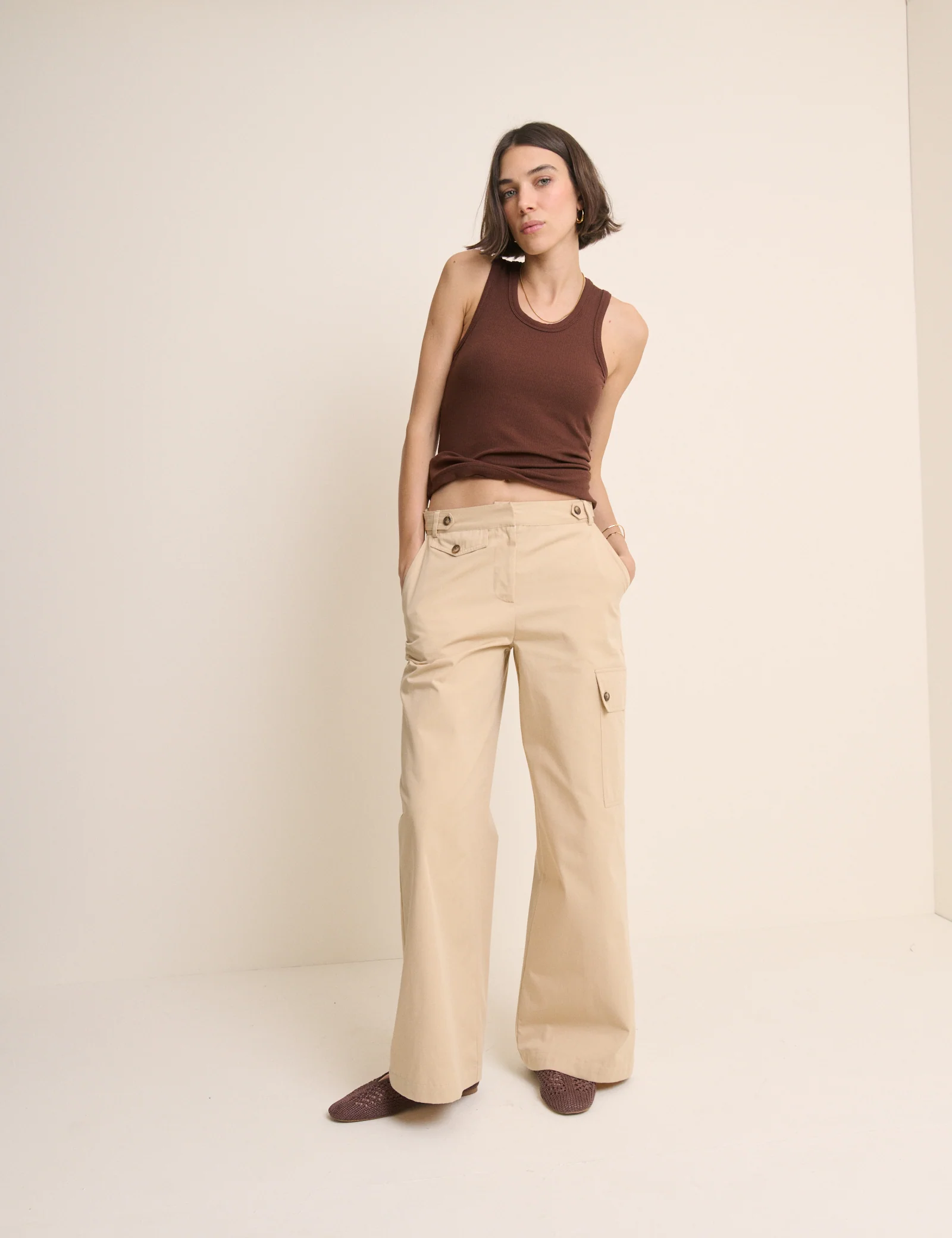 Beige Utility Wide Leg Trousers