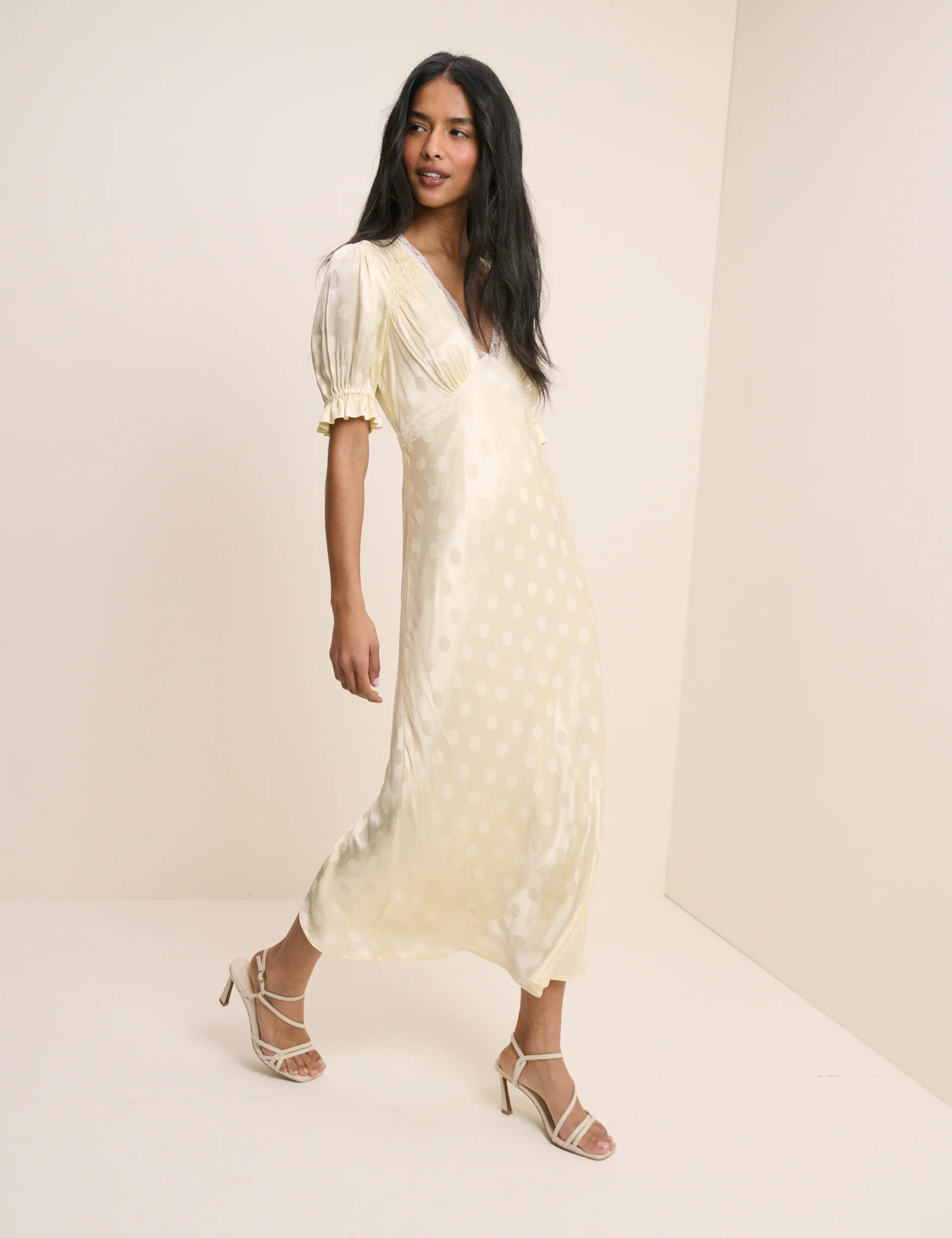 Butter Yellow Polka Dot Satin Angela Midi Dress