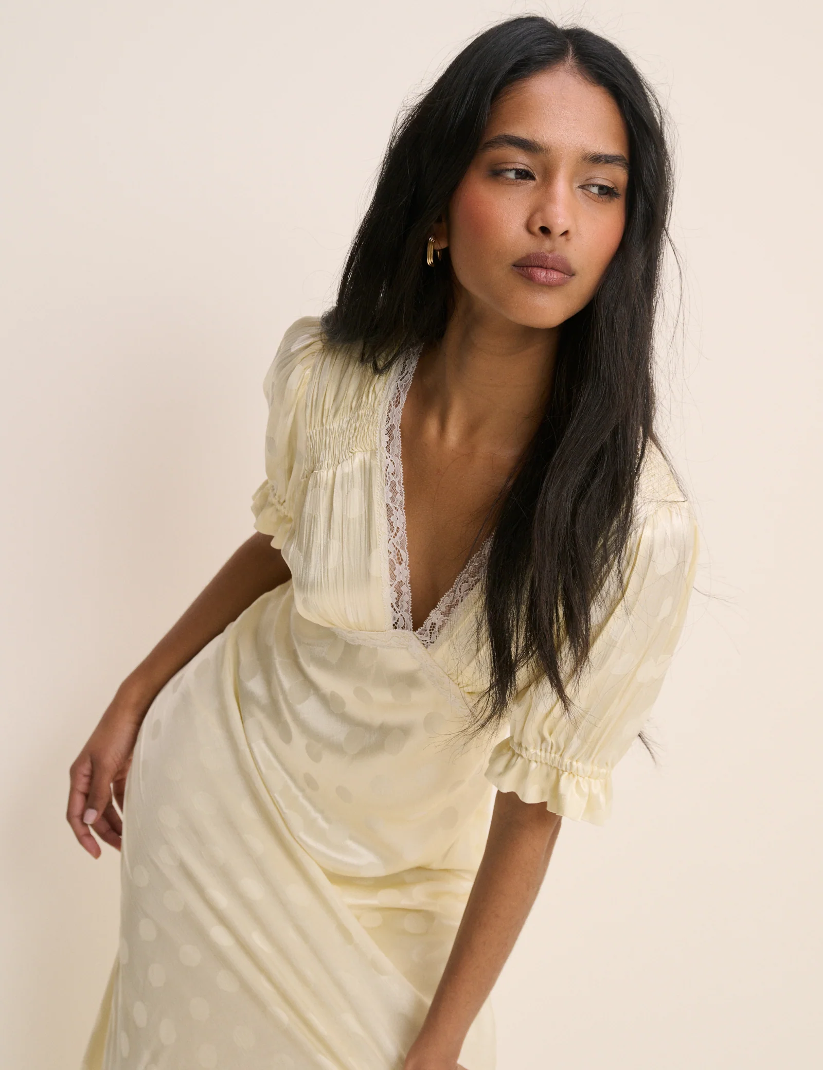 Butter Yellow Polka Dot Satin Angela Midi Dress - Image 3