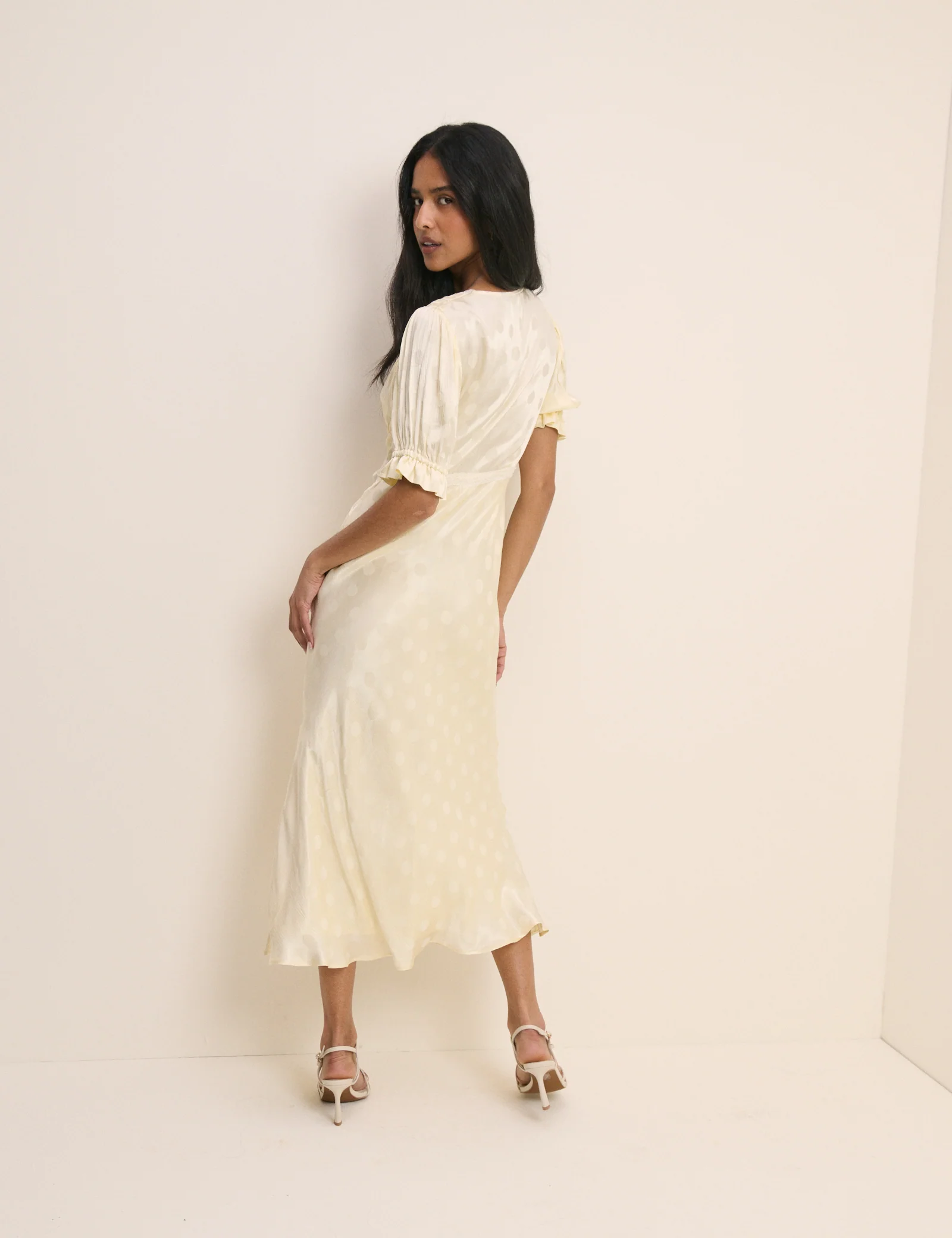 Butter Yellow Polka Dot Satin Angela Midi Dress - Image 4