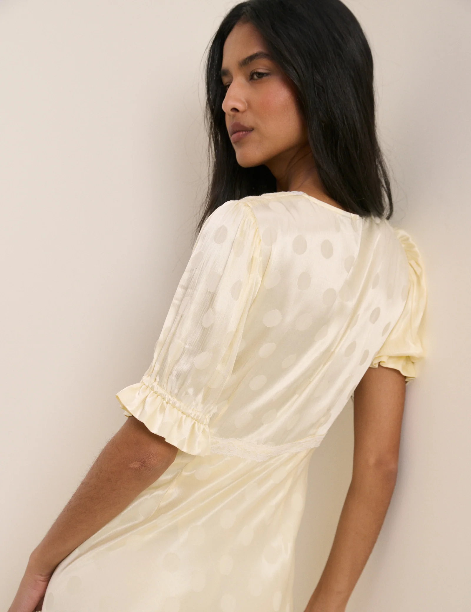 Butter Yellow Polka Dot Satin Angela Midi Dress - Image 5