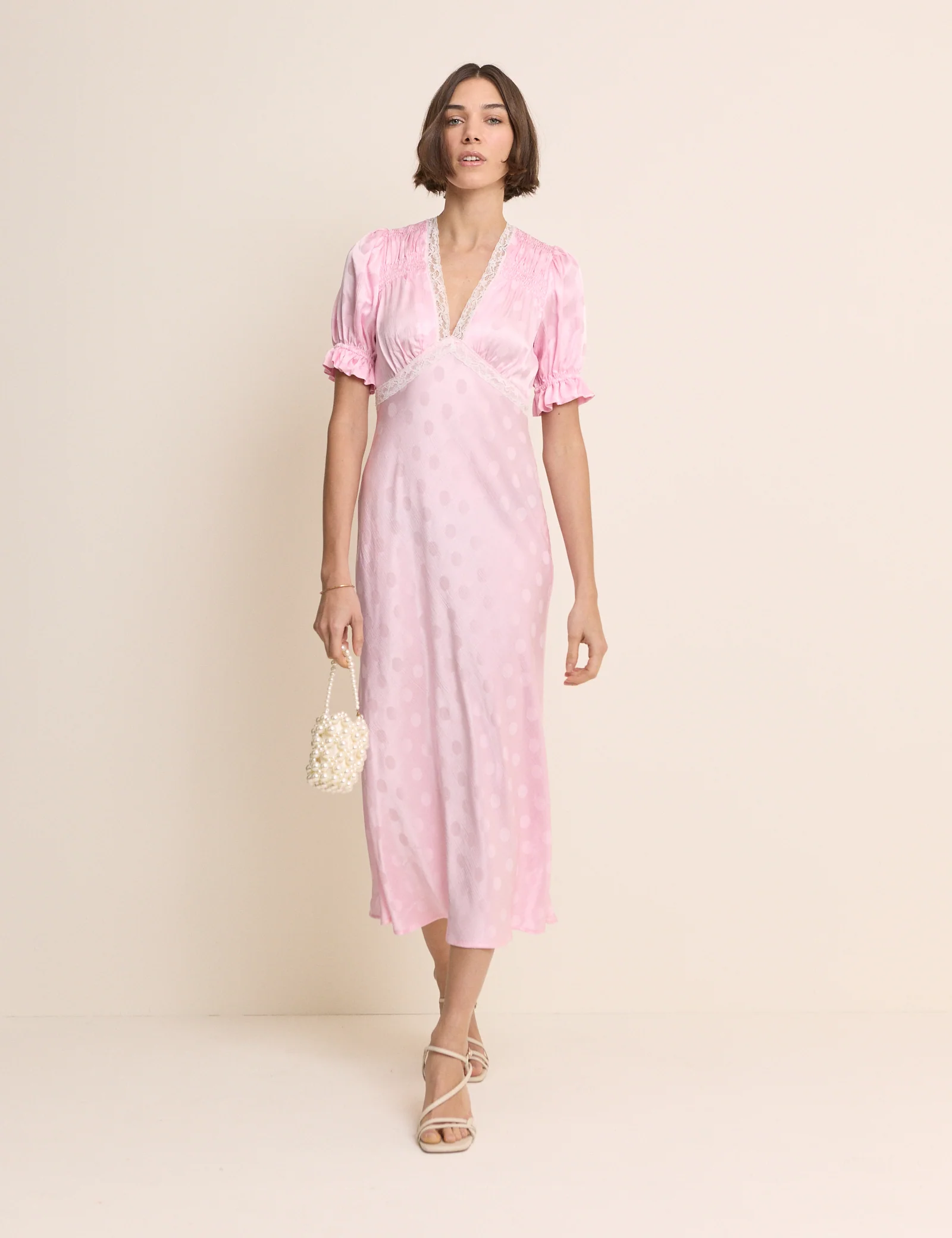 Pink Polka Dot Satin Puff Sleeve Angela Midi Dress - Image 2