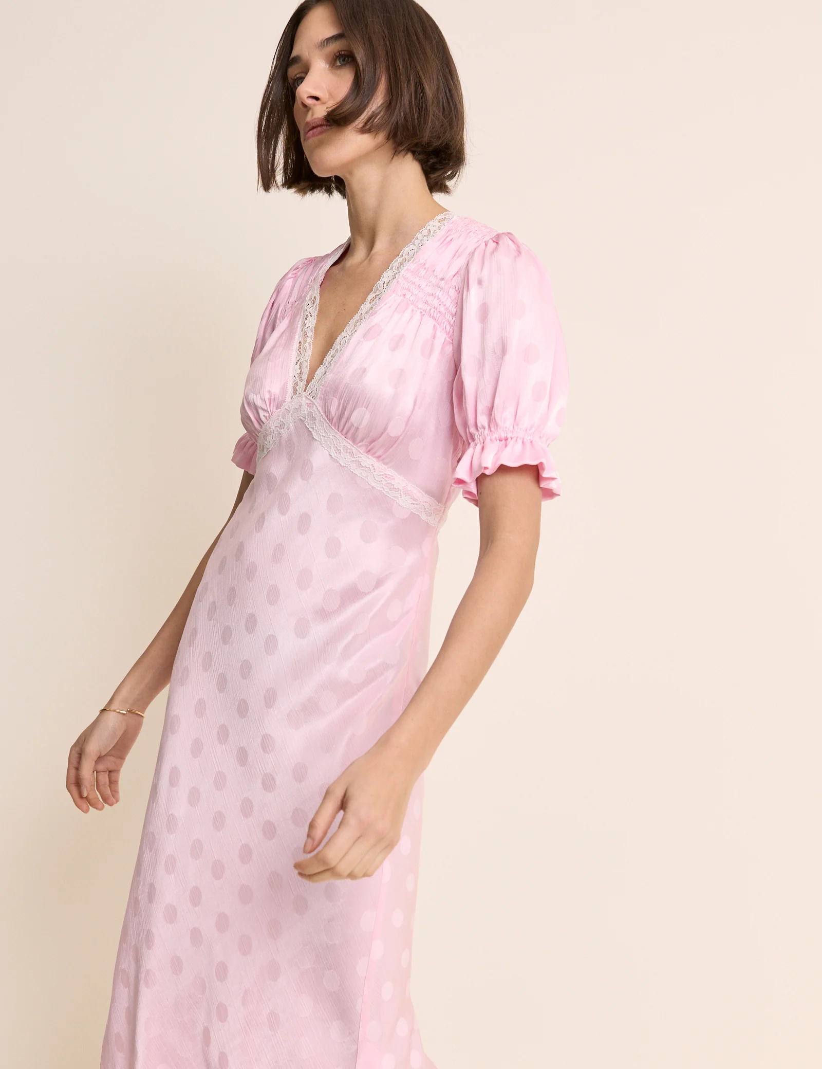 Pink Polka Dot Satin Puff Sleeve Angela Midi Dress - Image 4