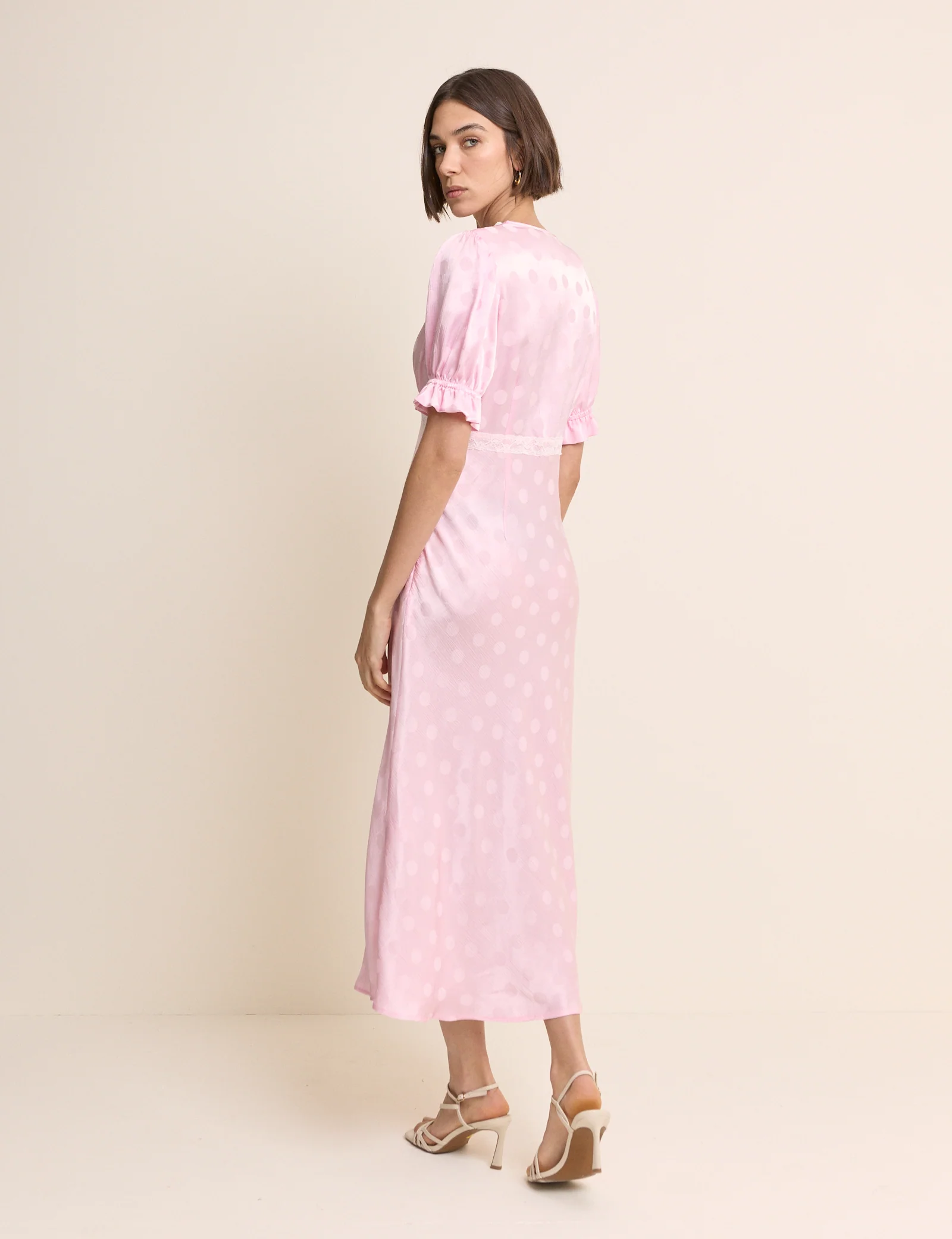 Pink Polka Dot Satin Puff Sleeve Angela Midi Dress - Image 5