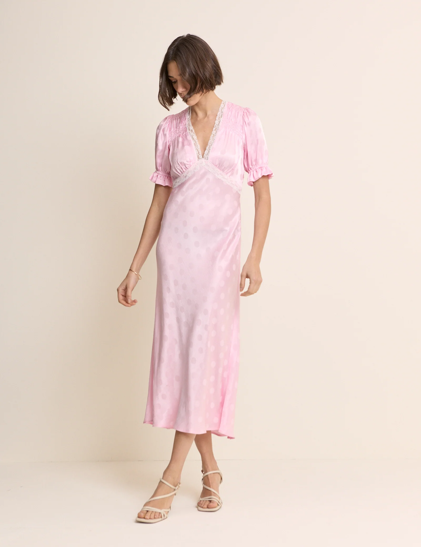 Pink Polka Dot Satin Puff Sleeve Angela Midi Dress - Image 6