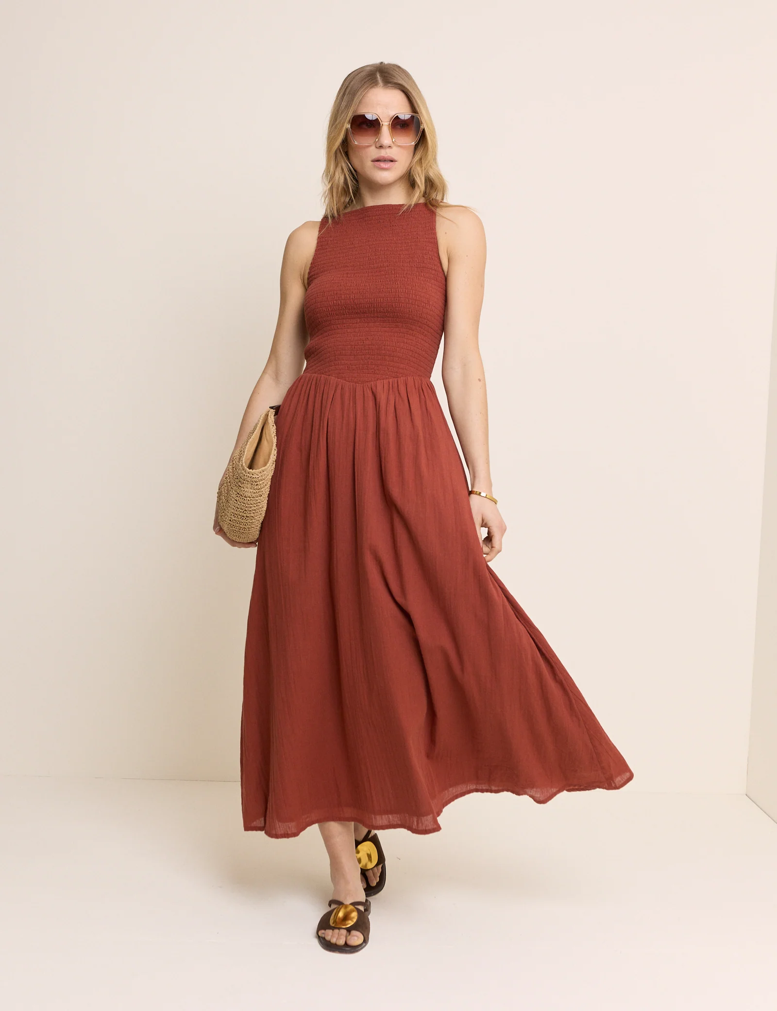 Burnt Orange Drop Waist Shirred Angelina Midi Dress
