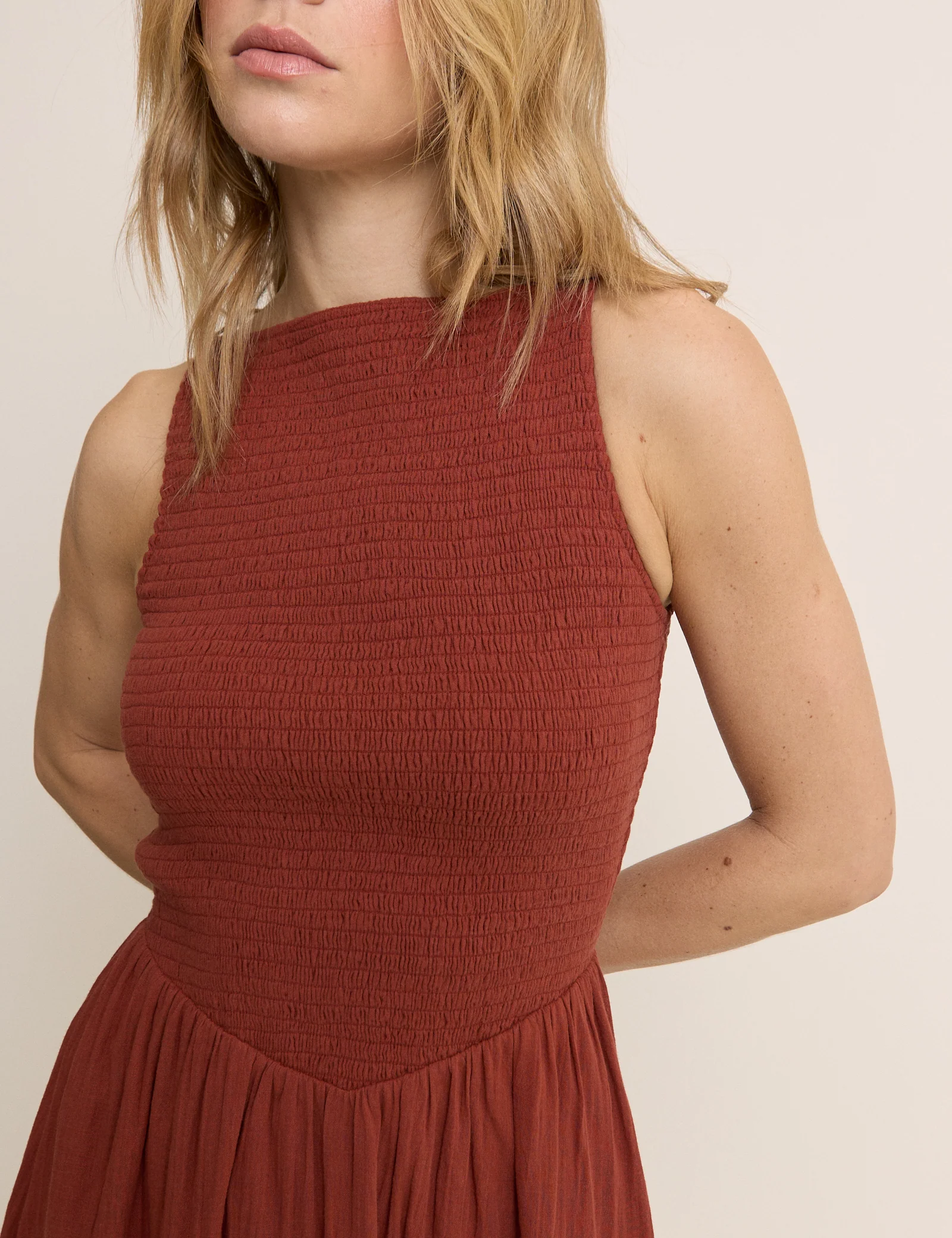 Burnt Orange Drop Waist Shirred Angelina Midi Dress - Image 2