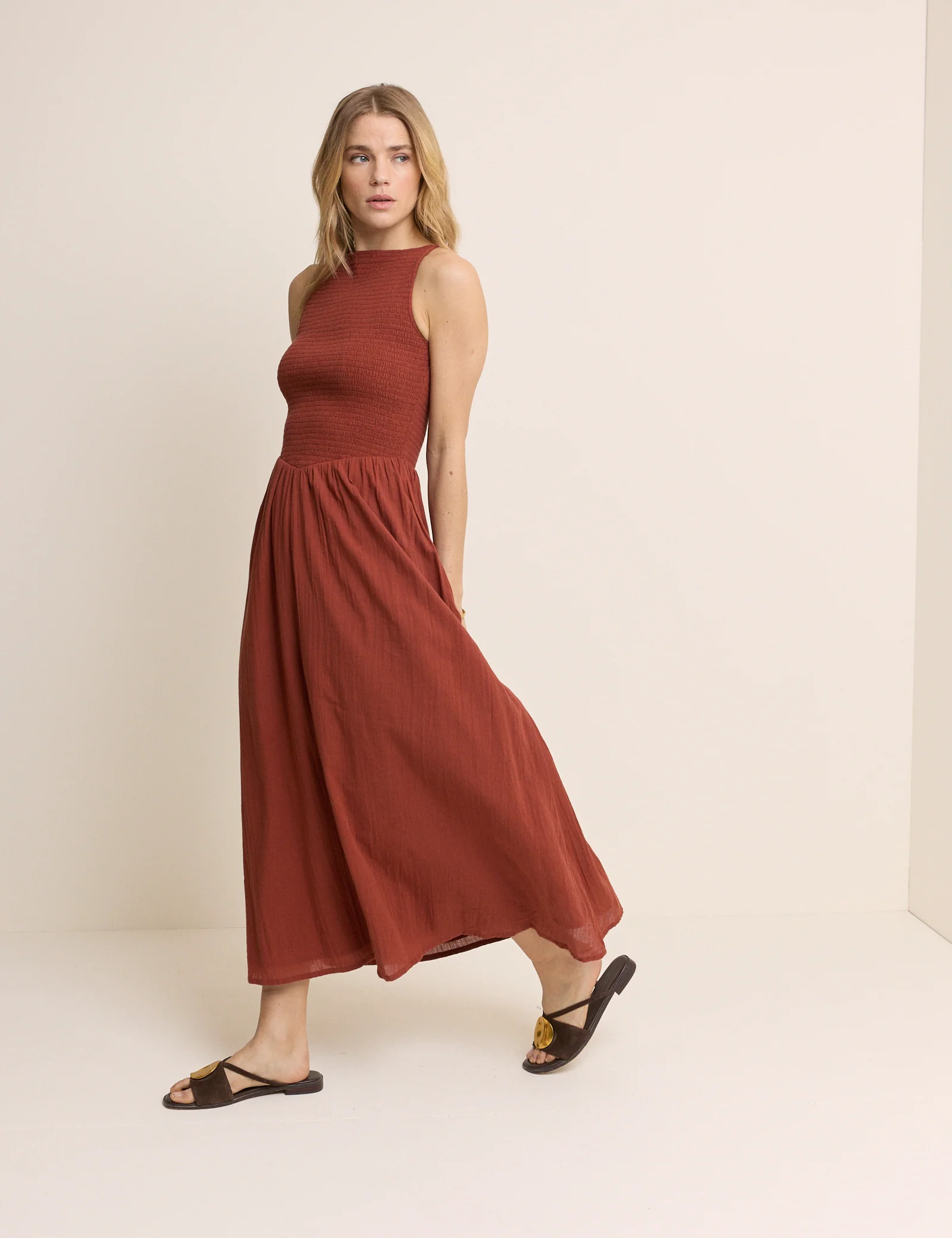 Burnt Orange Drop Waist Shirred Angelina Midi Dress - Image 3
