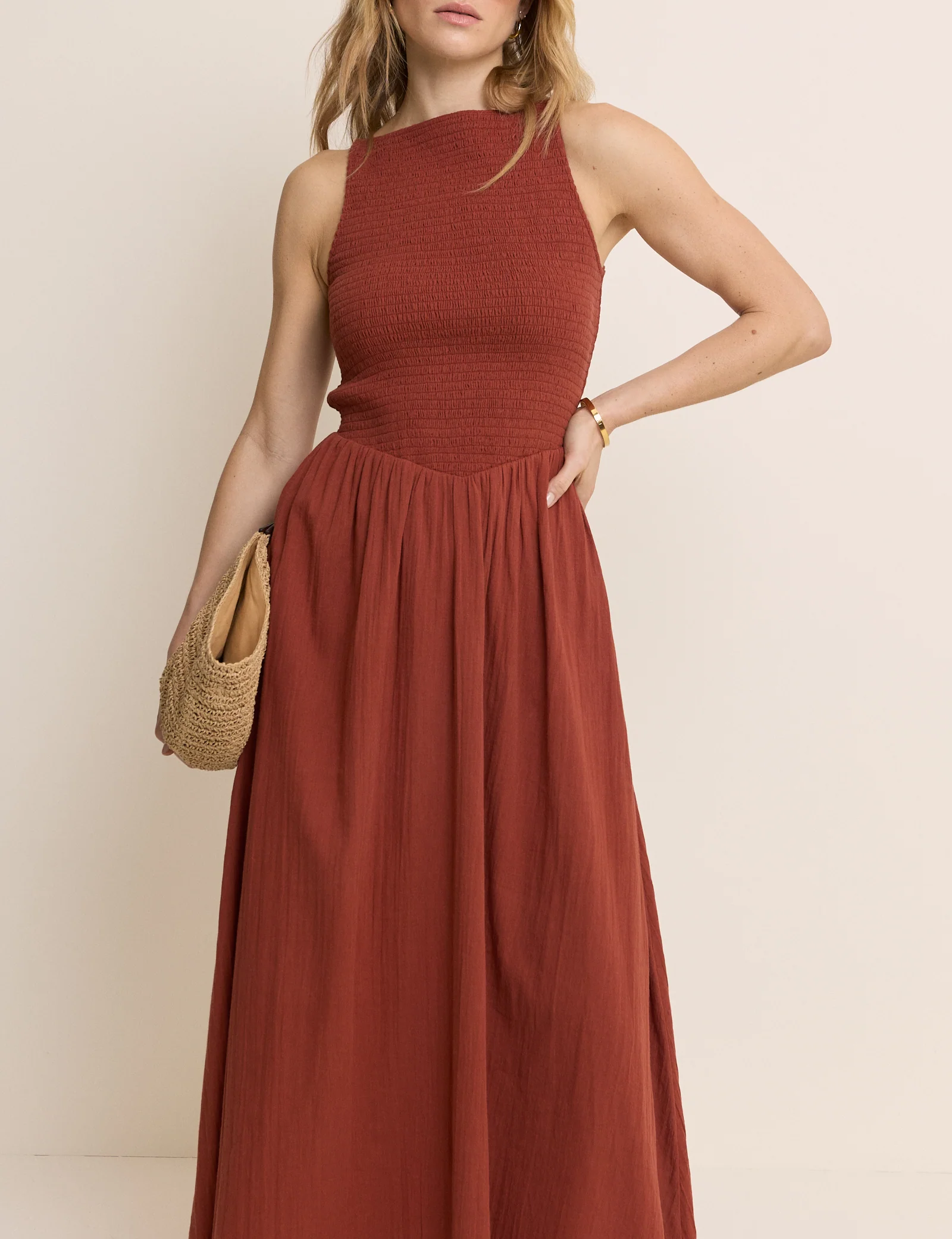 Burnt Orange Drop Waist Shirred Angelina Midi Dress - Image 4
