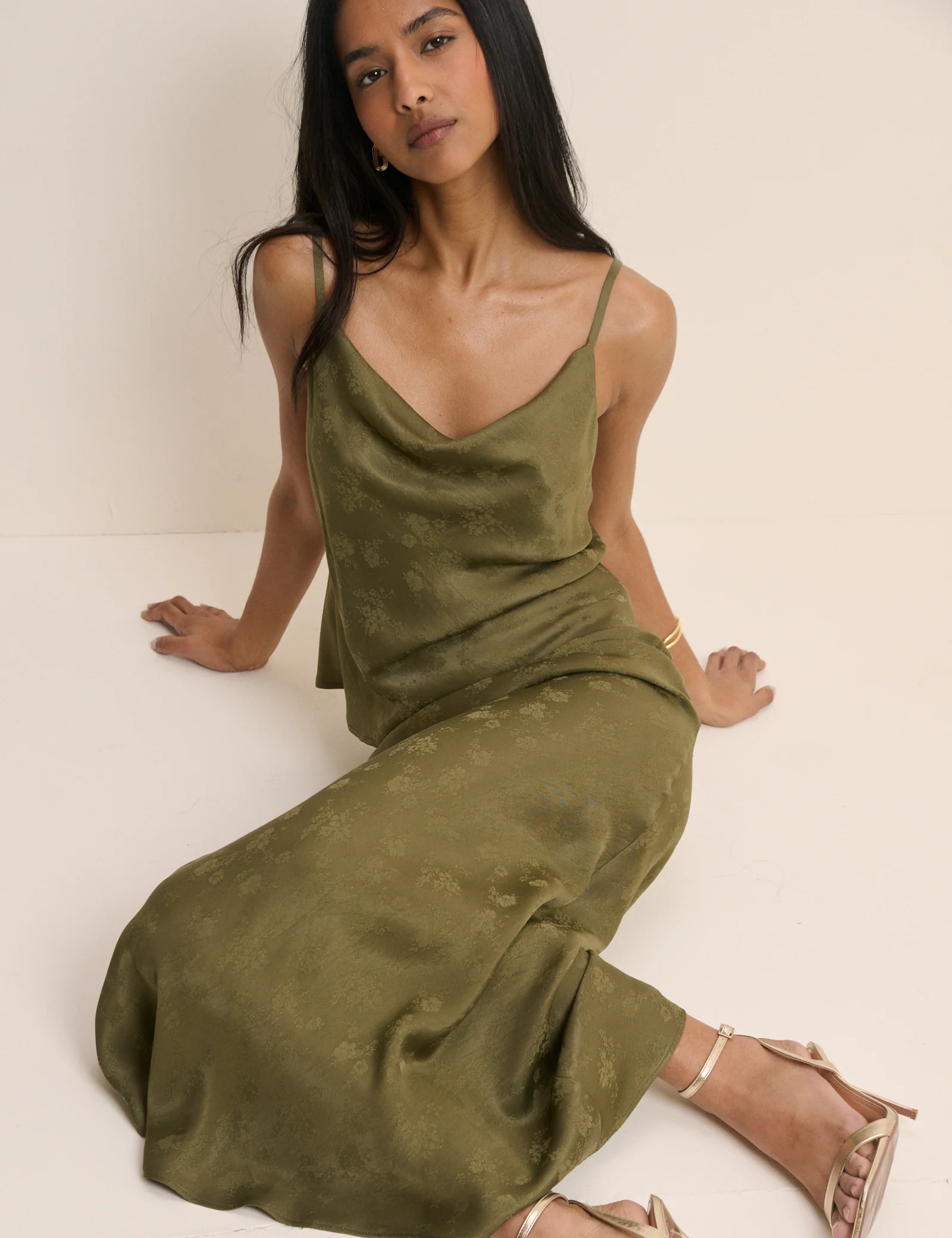 Khaki Jacquard Floral Satin Maxi Skirt - Image 3