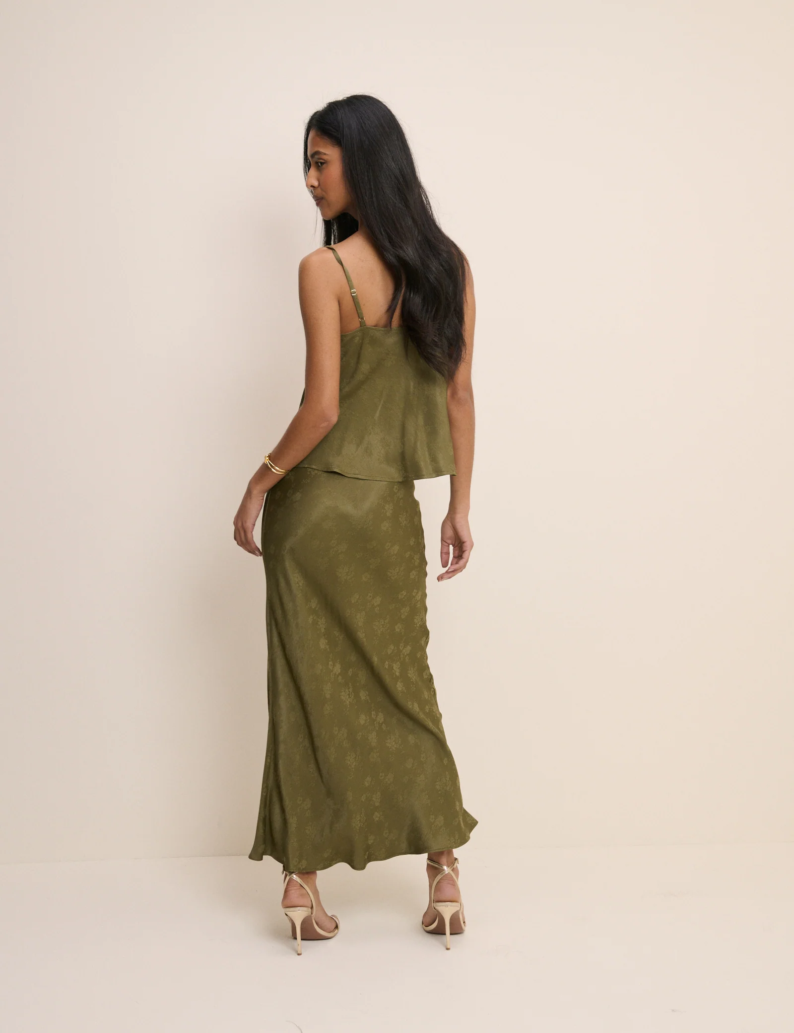 Khaki Jacquard Floral Satin Maxi Skirt - Image 5