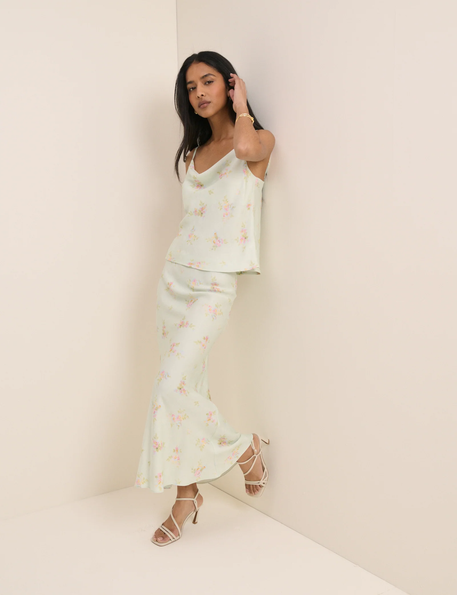 Mint Blue Floral Satin Maxi Skirt - Image 3
