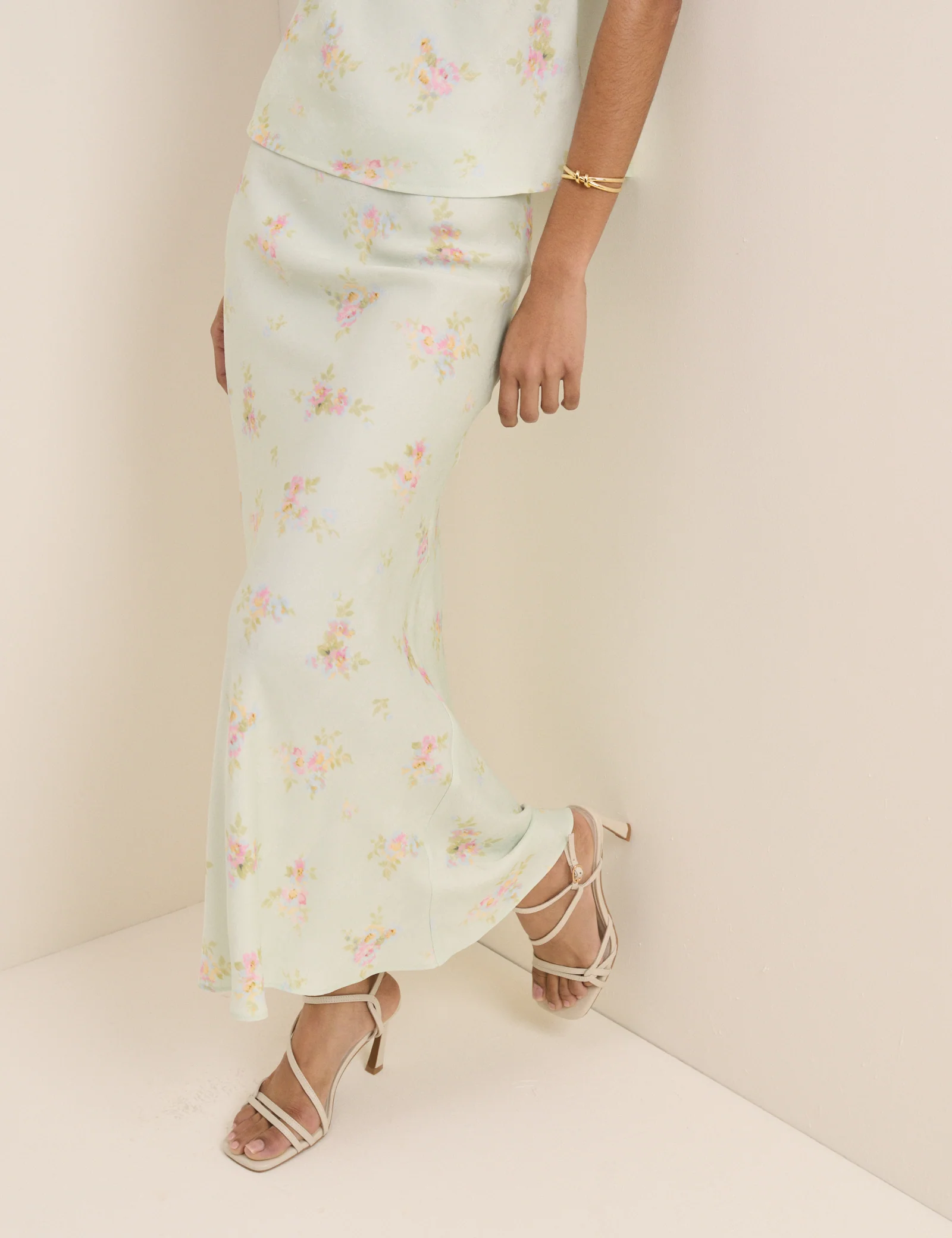 Mint Blue Floral Satin Maxi Skirt - Image 4