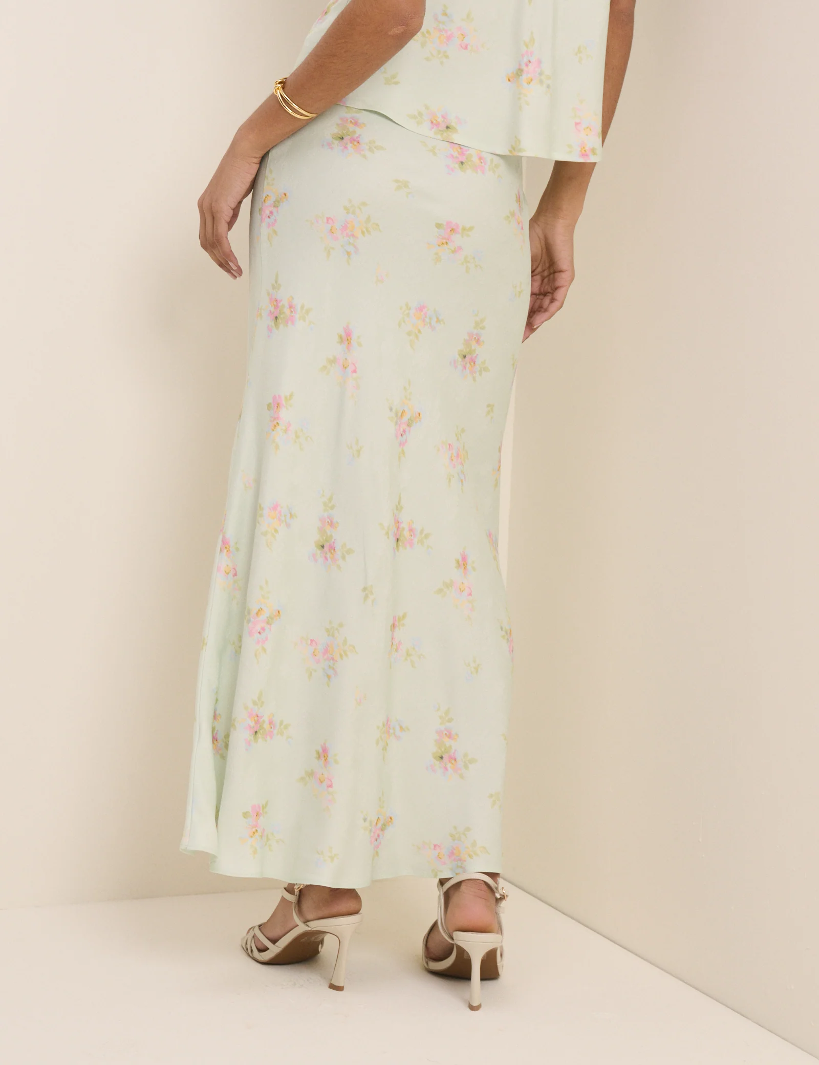 Mint Blue Floral Satin Maxi Skirt - Image 5