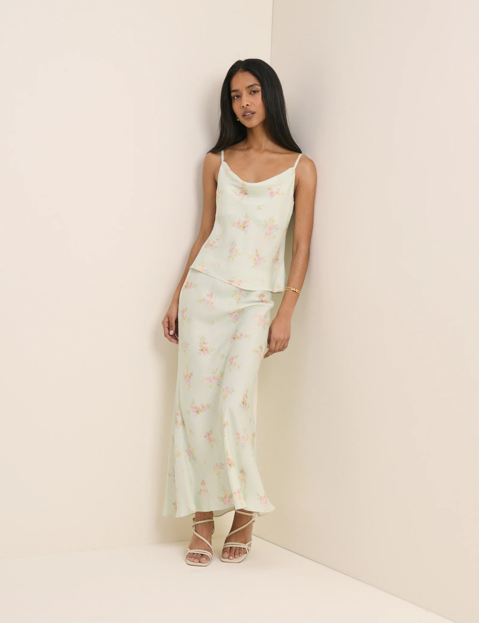 Mint Blue Floral Cowl Neck Satin Top - Image 3