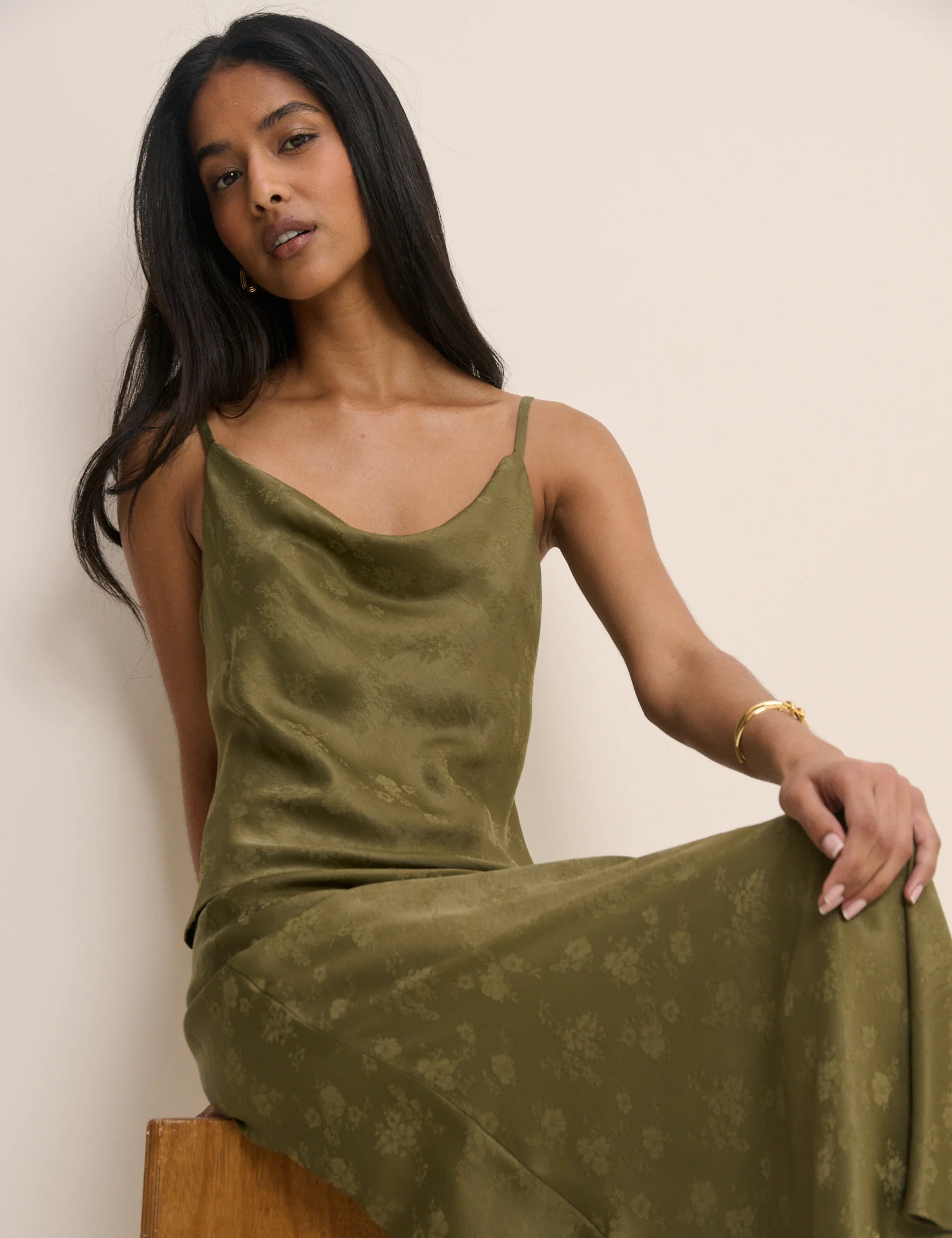 Khaki Jacquard Floral Cowl Neck Satin Top - Image 3