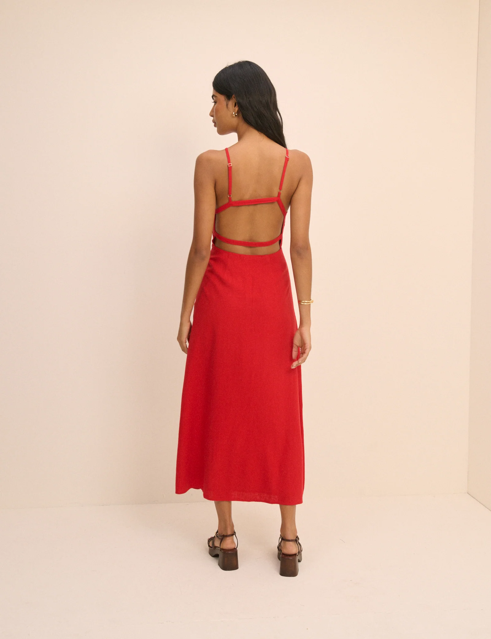 Red Linen-Blend Open Back Arabella Midi Dress - Image 3