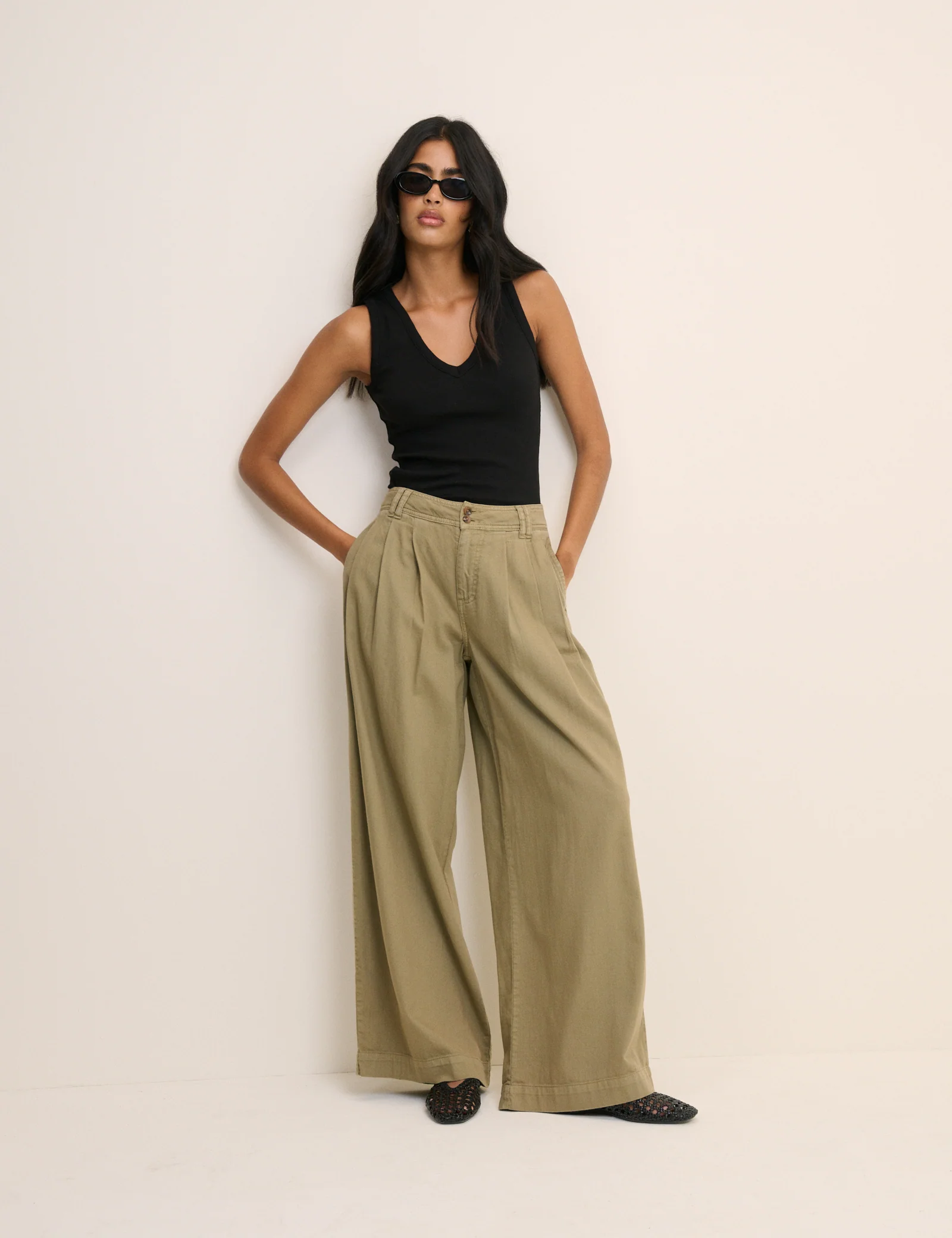 Green Pleated Wide Leg Trousers