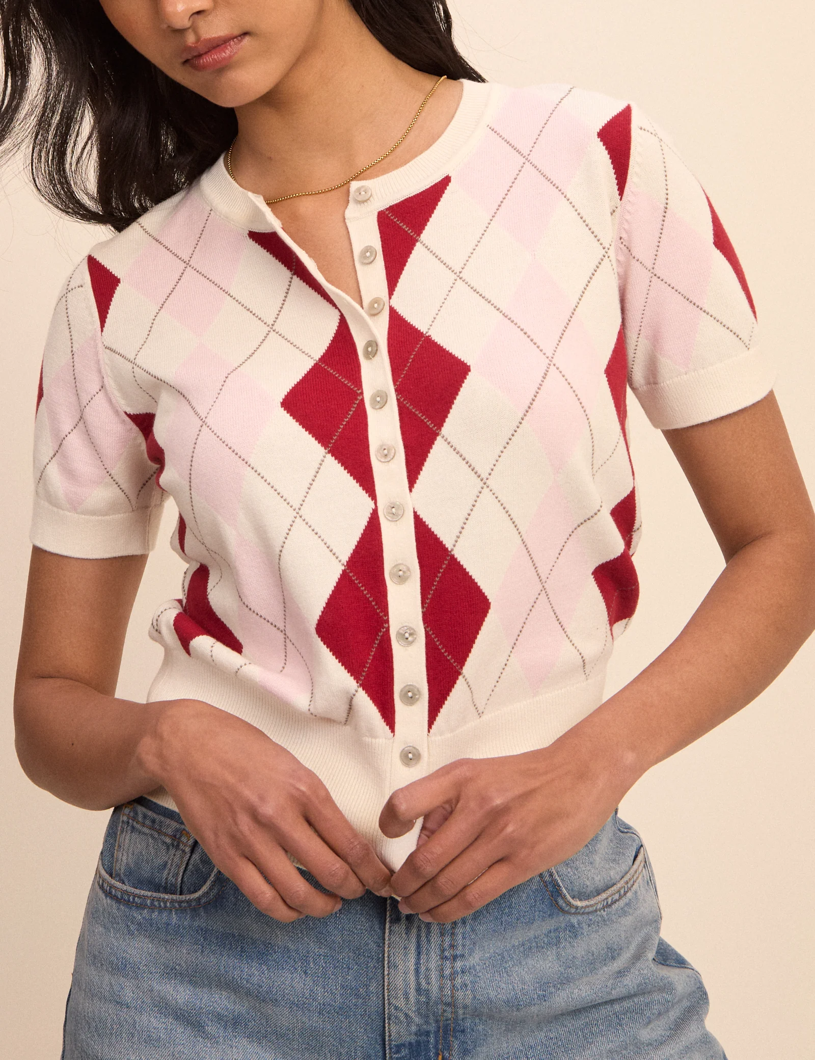 Pink and Red Argyle Check Short Sleeve Cardigan - Image 3