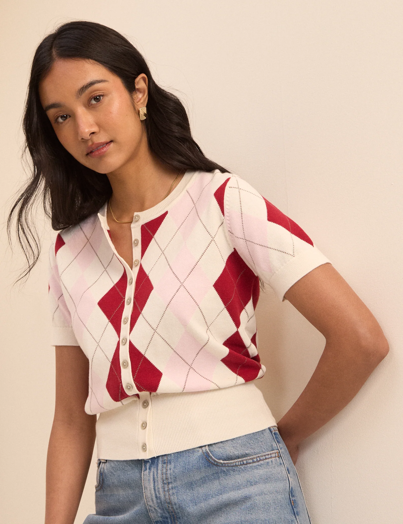 Pink and Red Argyle Check Short Sleeve Cardigan - Image 4