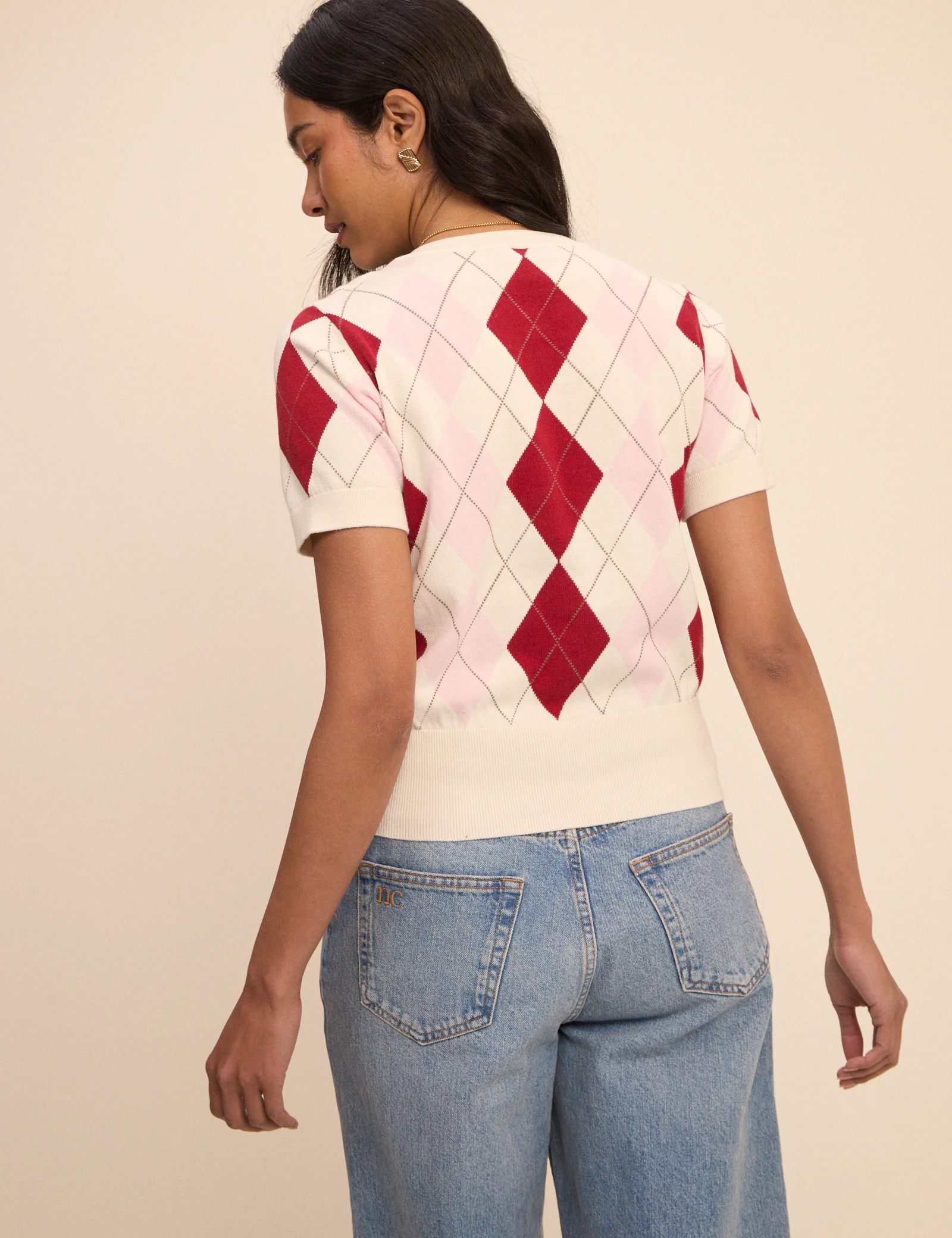 Pink and Red Argyle Check Short Sleeve Cardigan - Image 5
